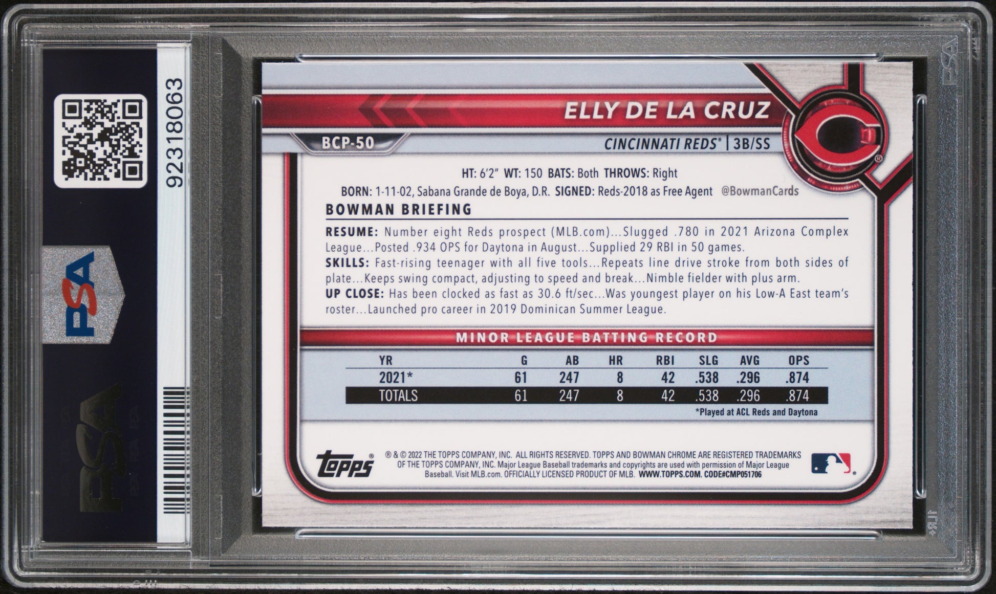 Elly De La Cruz RC 2022 1st Bowman Chrome Prospect Rookie PSA 10-2