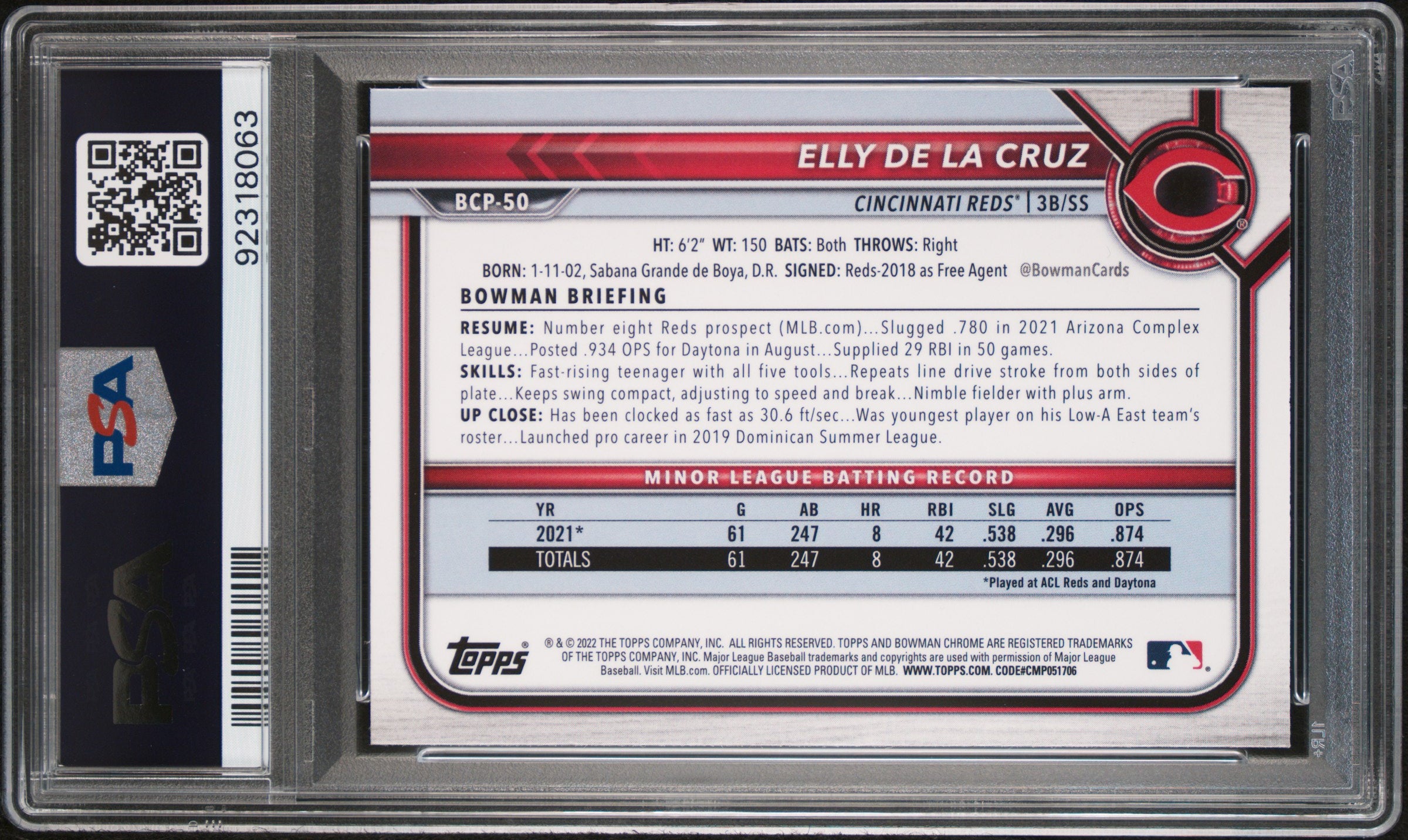 Elly De La Cruz RC 2022 1st Bowman Chrome Prospect Rookie PSA 10-2