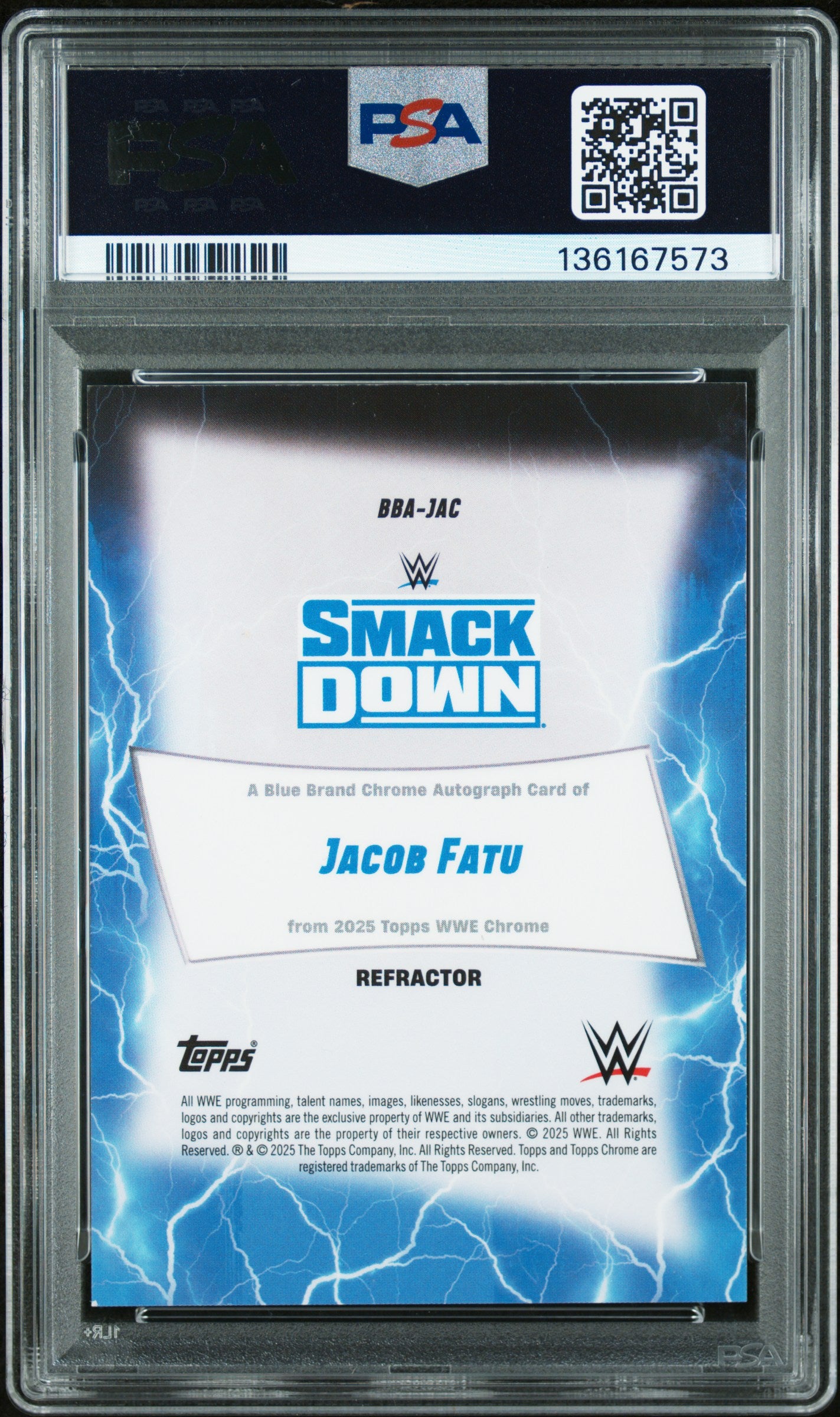 Jacob Fatu 2025 Topps Chrome WWE Refractor Blue Brand Auto SP 57/175 PSA 8-2