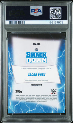 Jacob Fatu 2025 Topps Chrome WWE Refractor Blue Brand Auto SP 57/175 PSA 8-2