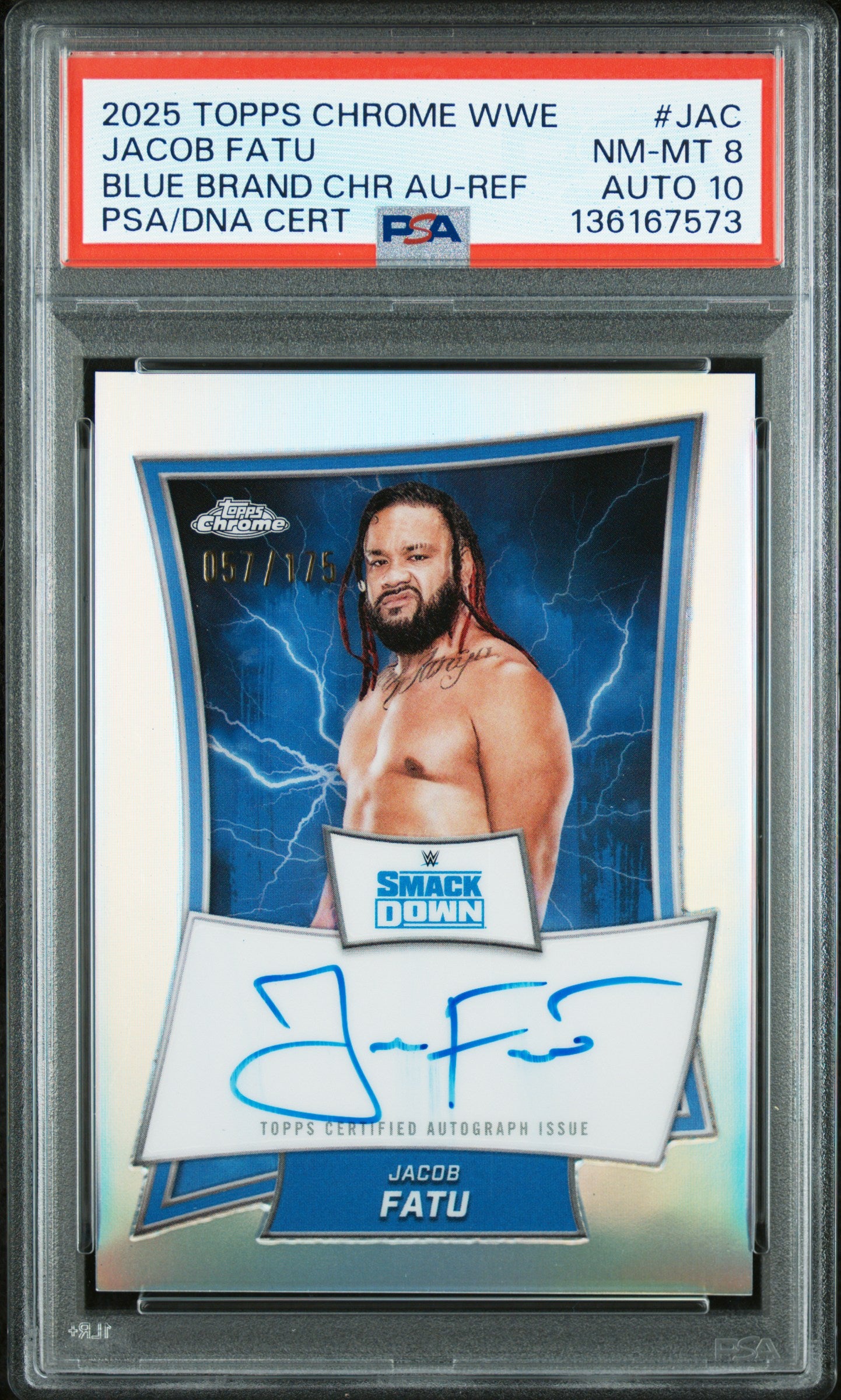 Jacob Fatu 2025 Topps Chrome WWE Refractor Blue Brand Auto SP 57/175 PSA 8-1