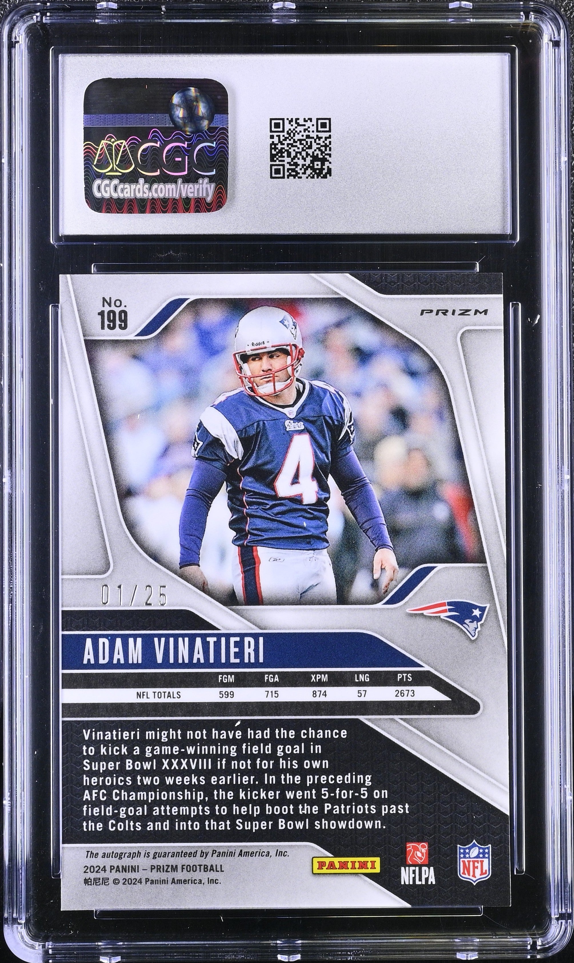 Adam Vinatieri 2024 Panini Prizm Blue Shimmer Auto SP 1/25 CGC 9-2