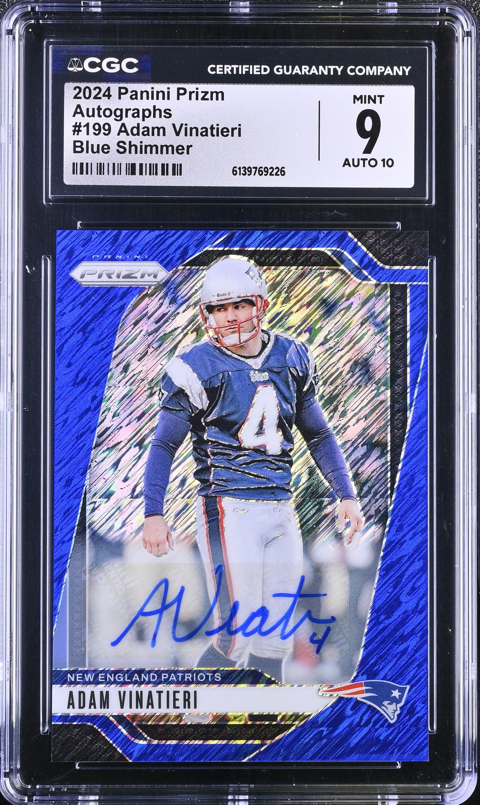 Adam Vinatieri 2024 Panini Prizm Blue Shimmer Auto SP 1/25 CGC 9