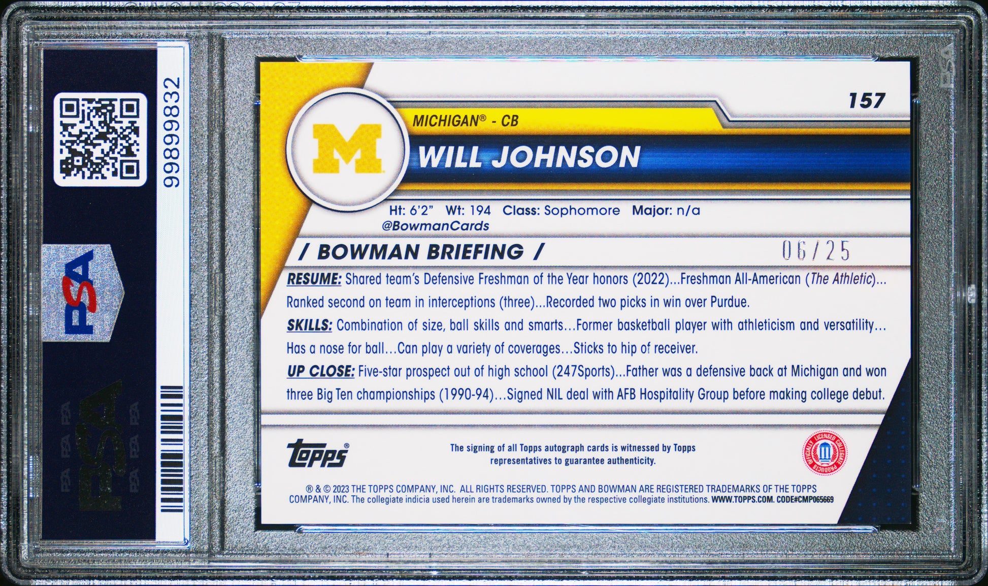 Will Johnson RC 2023 Bowman U Chrome Orange Wave Rookie Auto SP 6/25 PSA 9-2