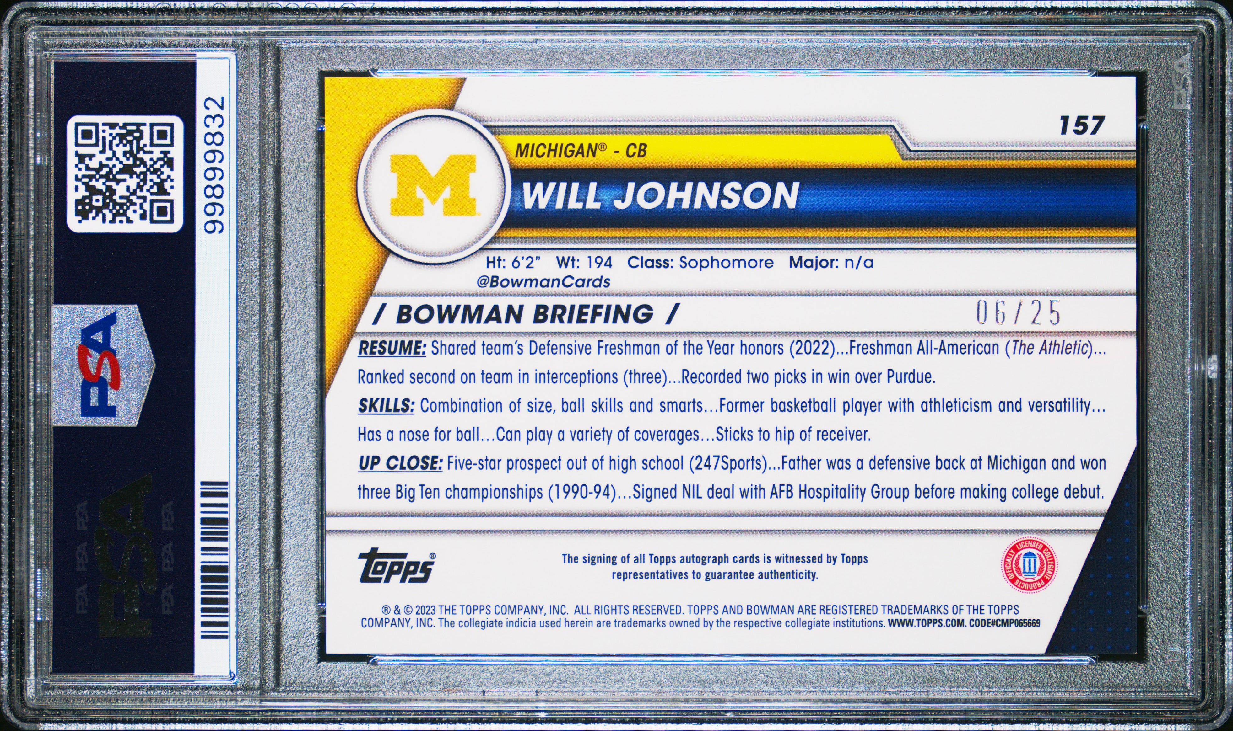 Will Johnson RC 2023 Bowman U Chrome Orange Wave Rookie Auto SP 6/25 PSA 9-2