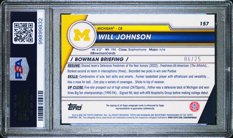 Will Johnson RC 2023 Bowman U Chrome Orange Wave Rookie Auto SP 6/25 PSA 9-2