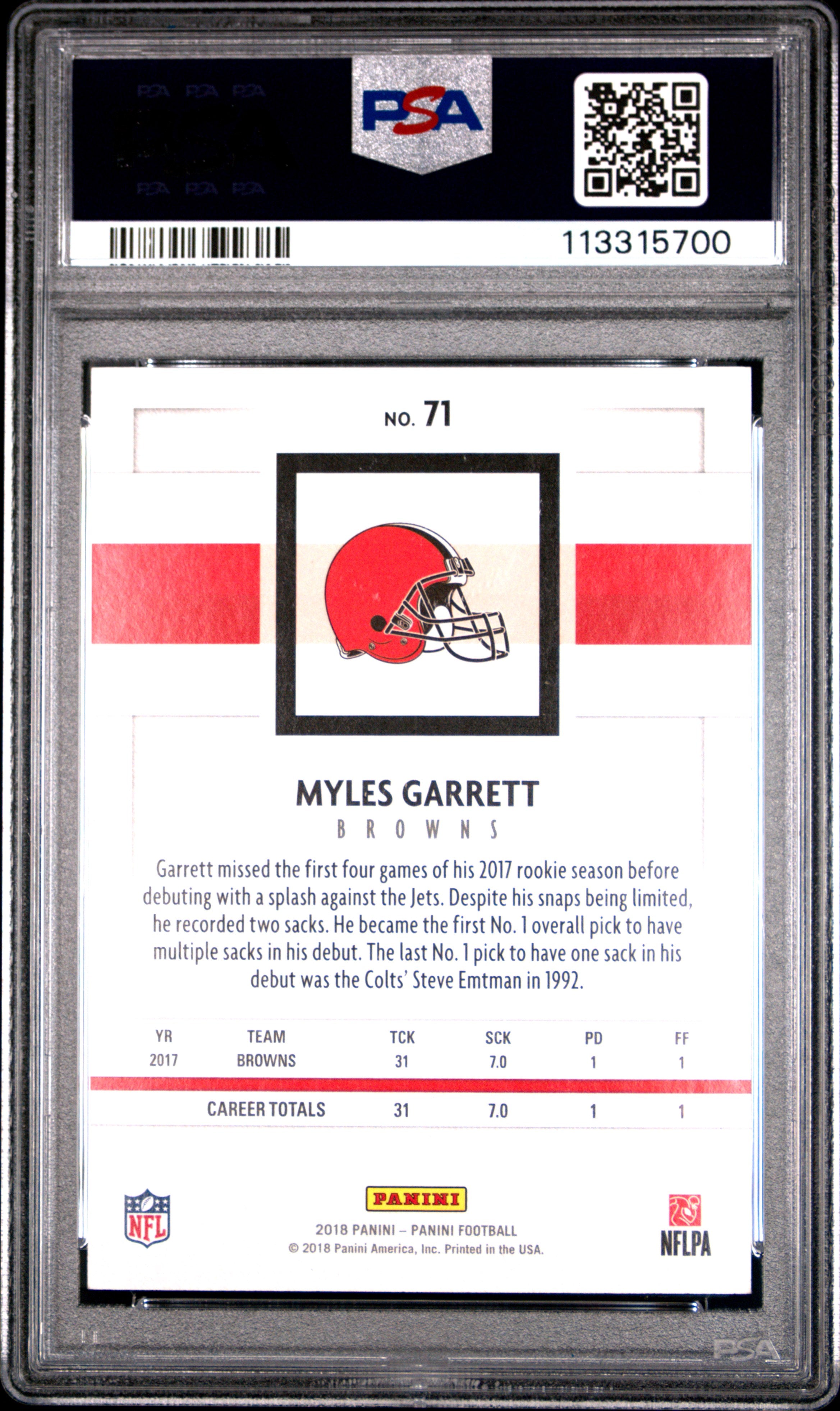 Myles Garrett 2018 Panini Football Gold SP 4/20 PSA 9-2