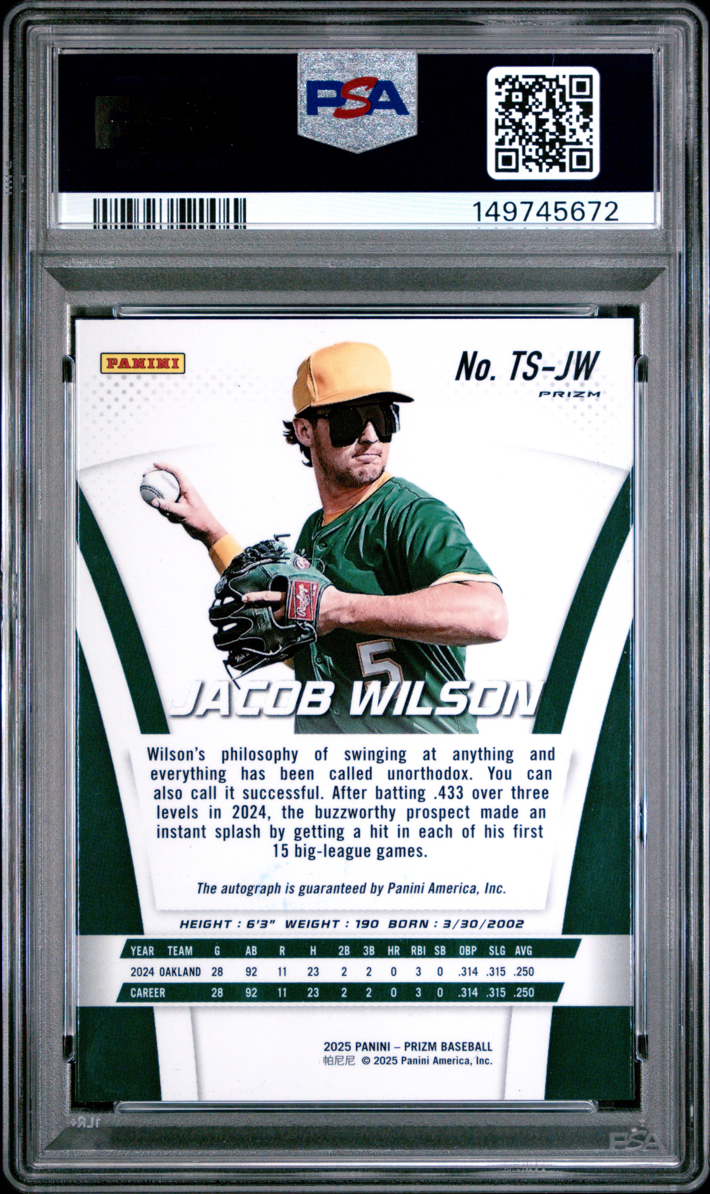 Jacob Wilson 2025 Panini Prizm Silver Throwback Auto PSA 10-2