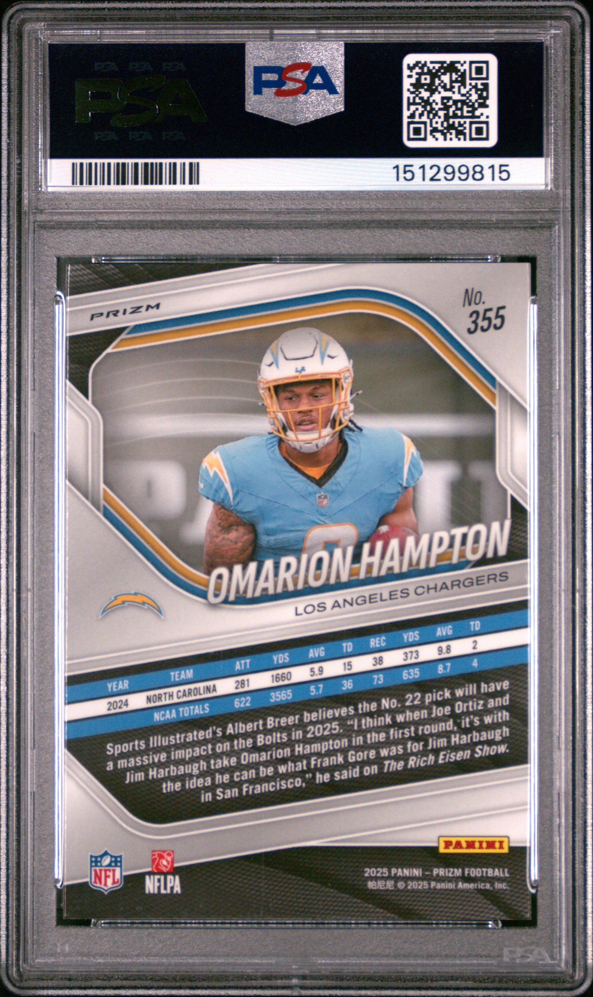 Omarion Hampton RC 2025 Panini Prizm Blue Yellow Green Choice Rookie #355 PSA 10-2