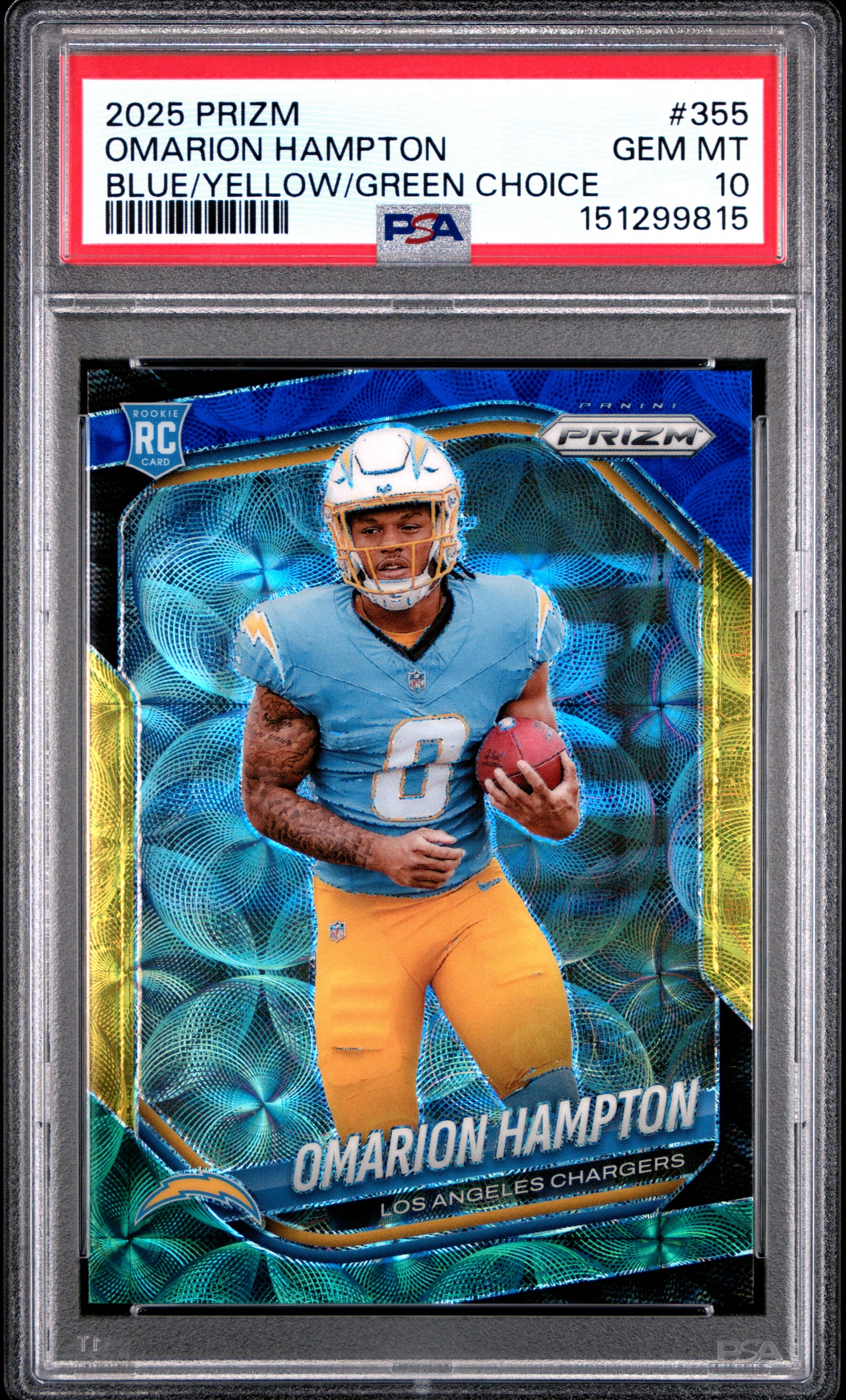 Omarion Hampton RC 2025 Panini Prizm Blue Yellow Green Choice Rookie #355 PSA 10-1