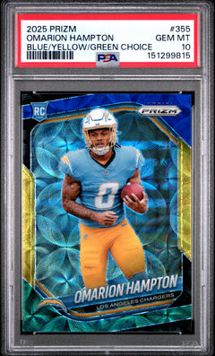Omarion Hampton RC 2025 Panini Prizm Blue Yellow Green Choice Rookie #355 PSA 10-1