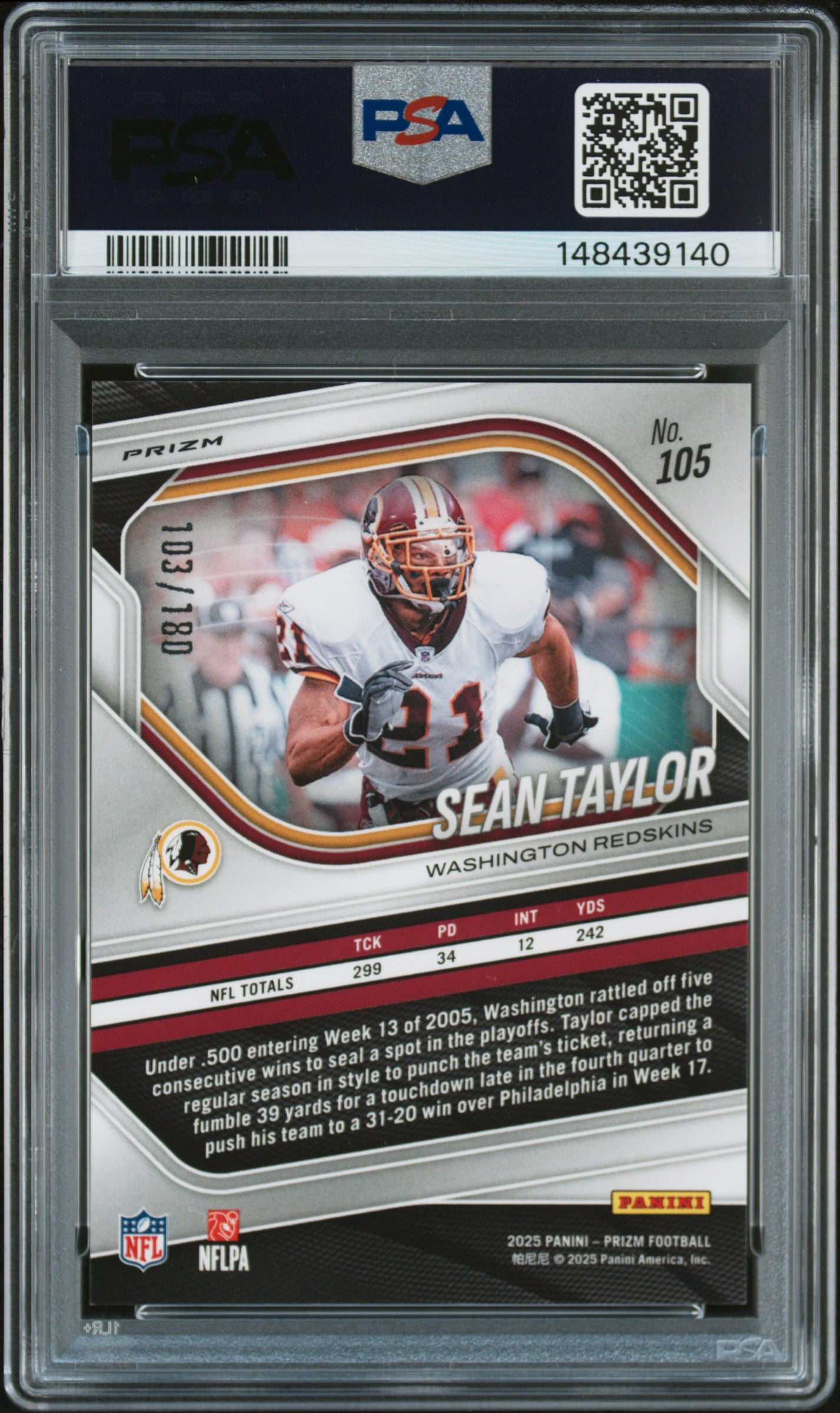 Sean Taylor 2025 Panini Prizm Pigskin SP 103/180 PSA 9-2