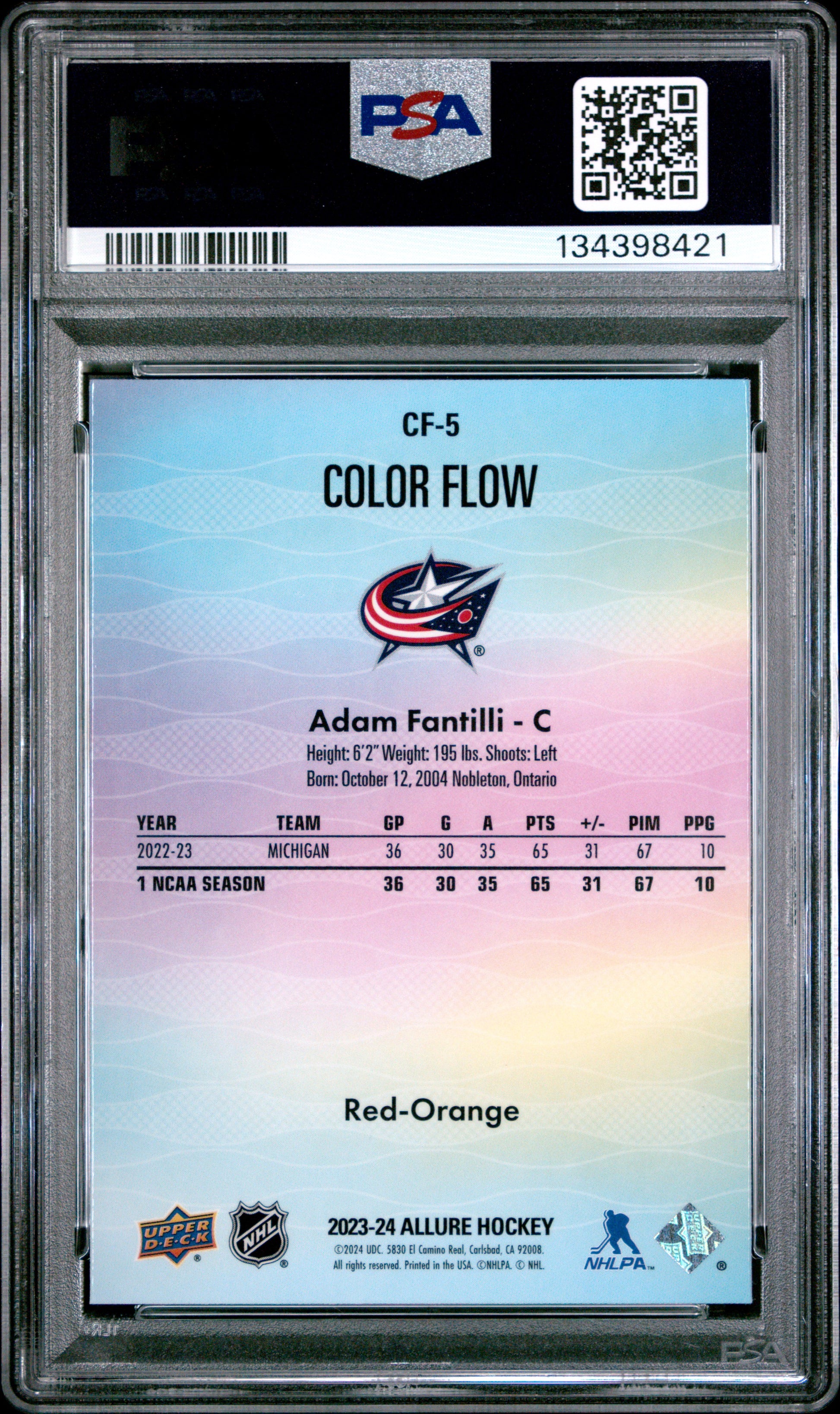 Adam Fantilli 2023-24 Upper Deck Red Orange Color Flow PSA 10-2