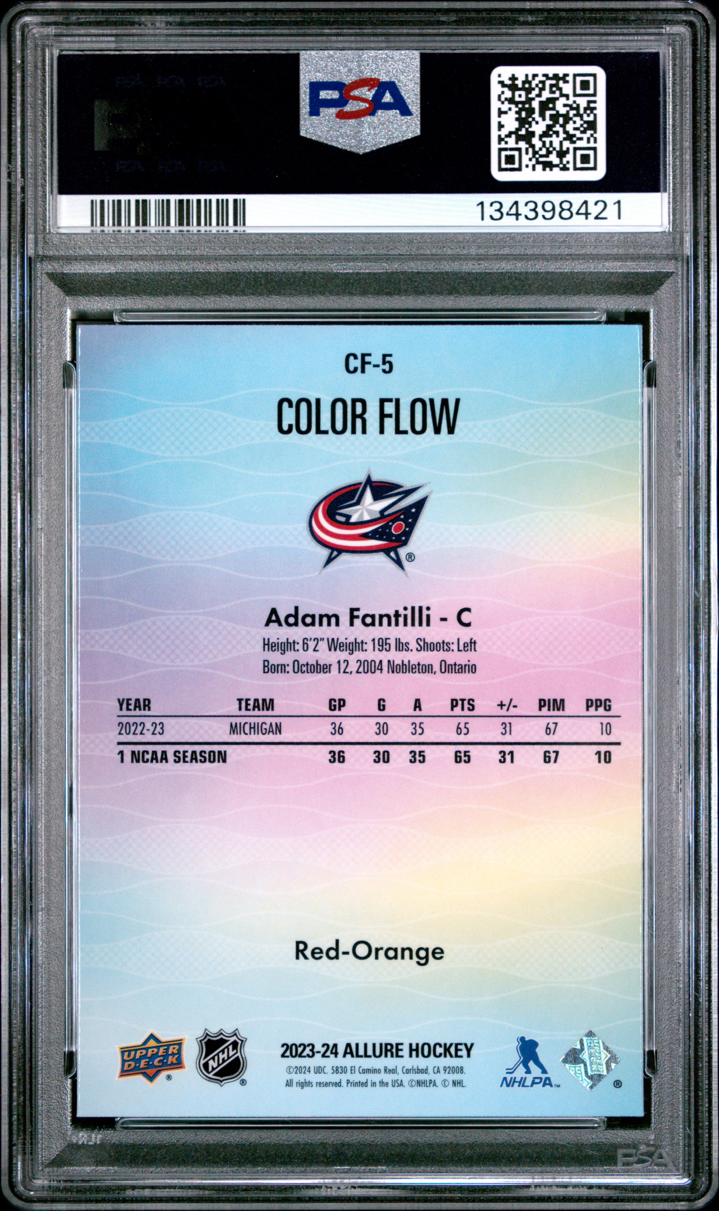 Adam Fantilli 2023-24 Upper Deck Red Orange Color Flow PSA 10-2