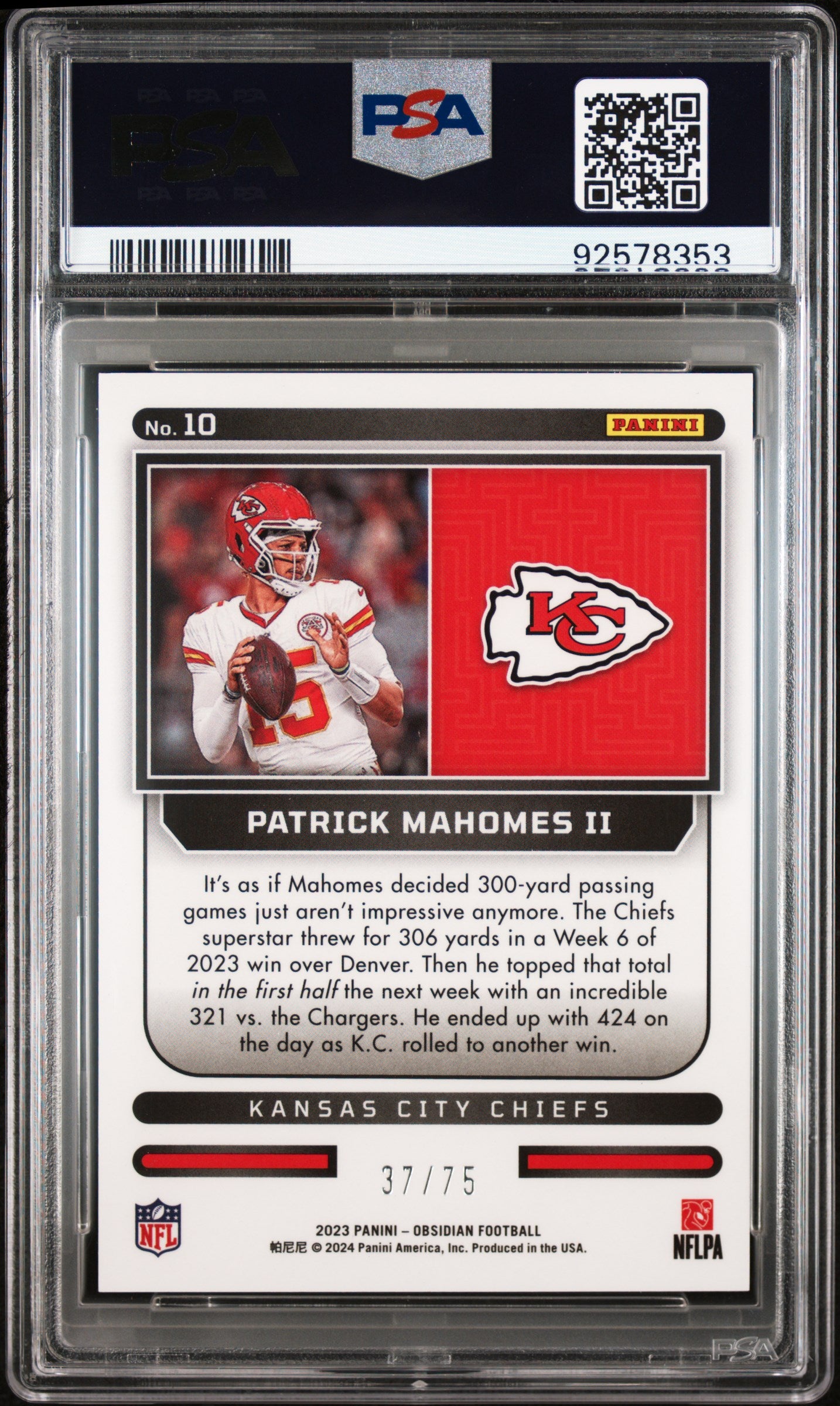 Patrick Mahomes II 2023 Panini Obsidian Purple Supernova SP 37/75 PSA 9-2