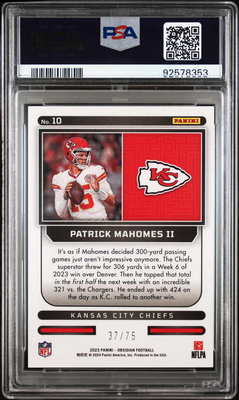 Patrick Mahomes II 2023 Panini Obsidian Purple Supernova SP 37/75 PSA 9-2