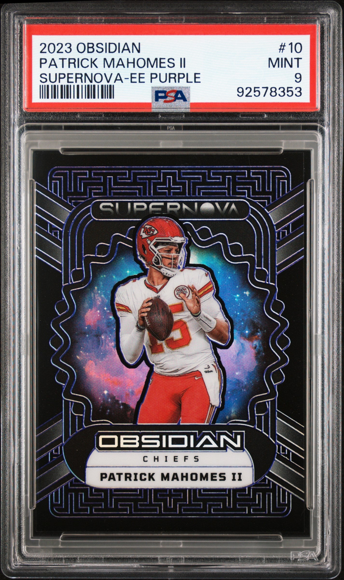 Patrick Mahomes II 2023 Panini Obsidian Purple Supernova SP 37/75 PSA 9-1