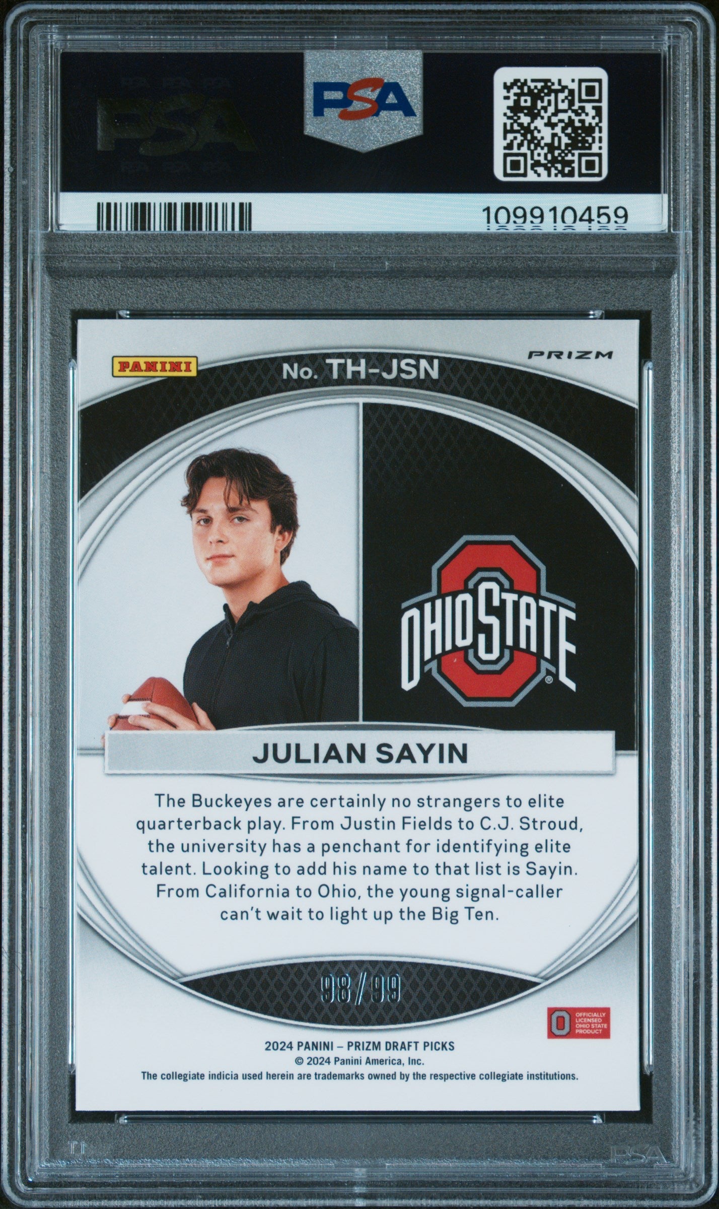 Julian Sayin RC 2024 Panini Prizm Draft Blue Ice Trophy Hunting Rookie SP 98/99 PSA 10-2