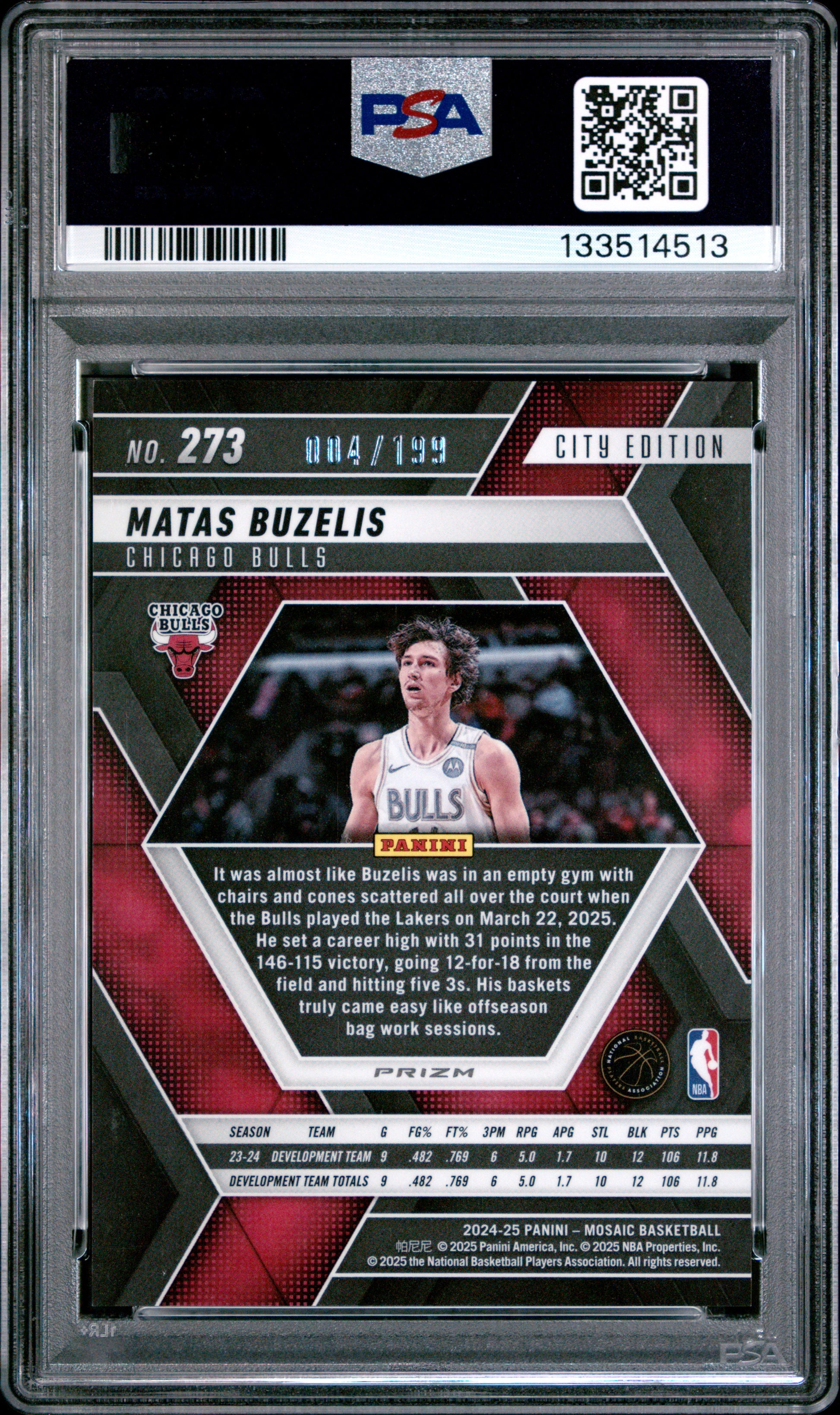 Matas Buzelis RC 2024-25 Panini Mosaic Blue Prizm Rookie SP 4/199 PSA 10-2