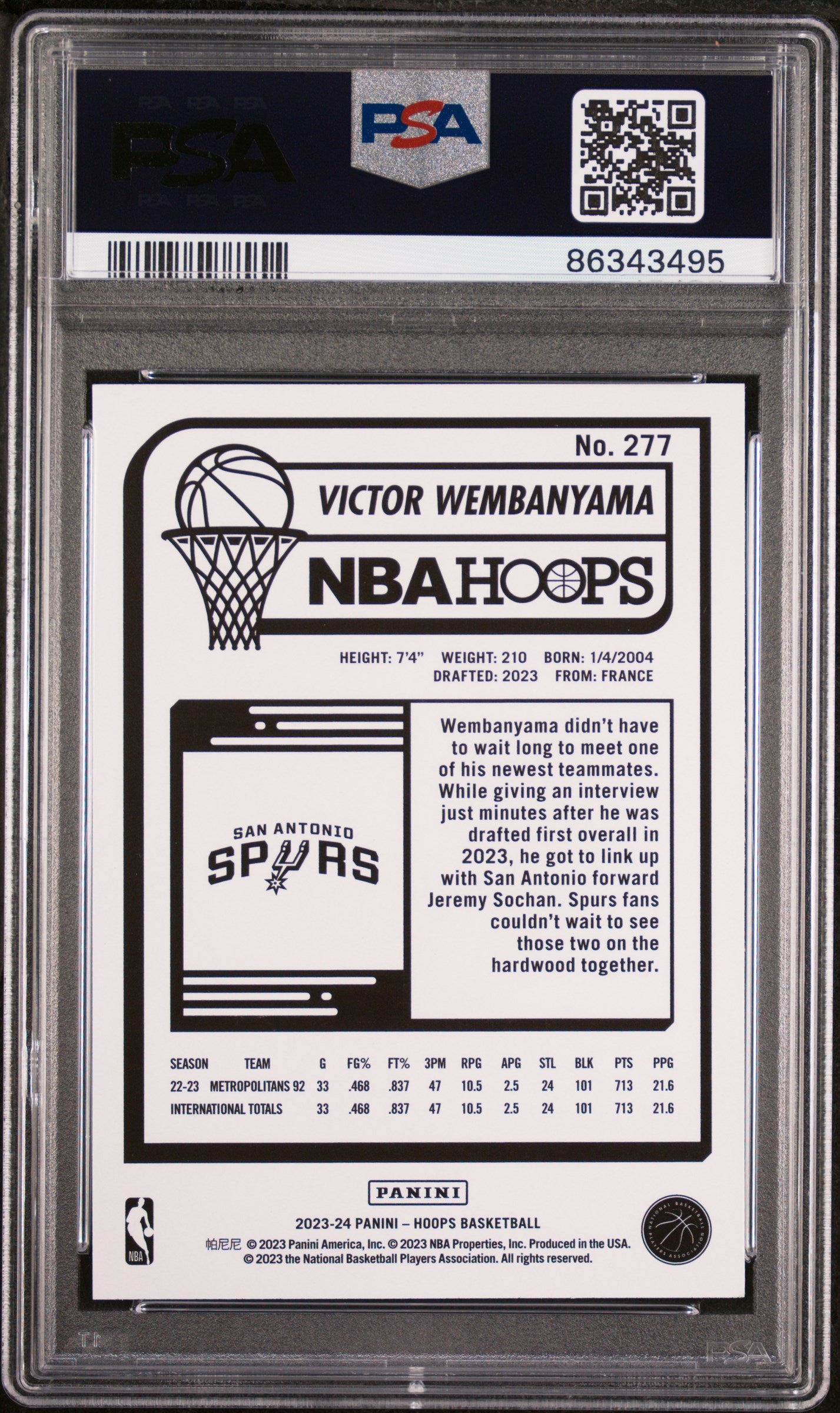 Victor Wembanyama RC 2023-24 Panini NBA Hoops Rookie #277 PSA 10-2