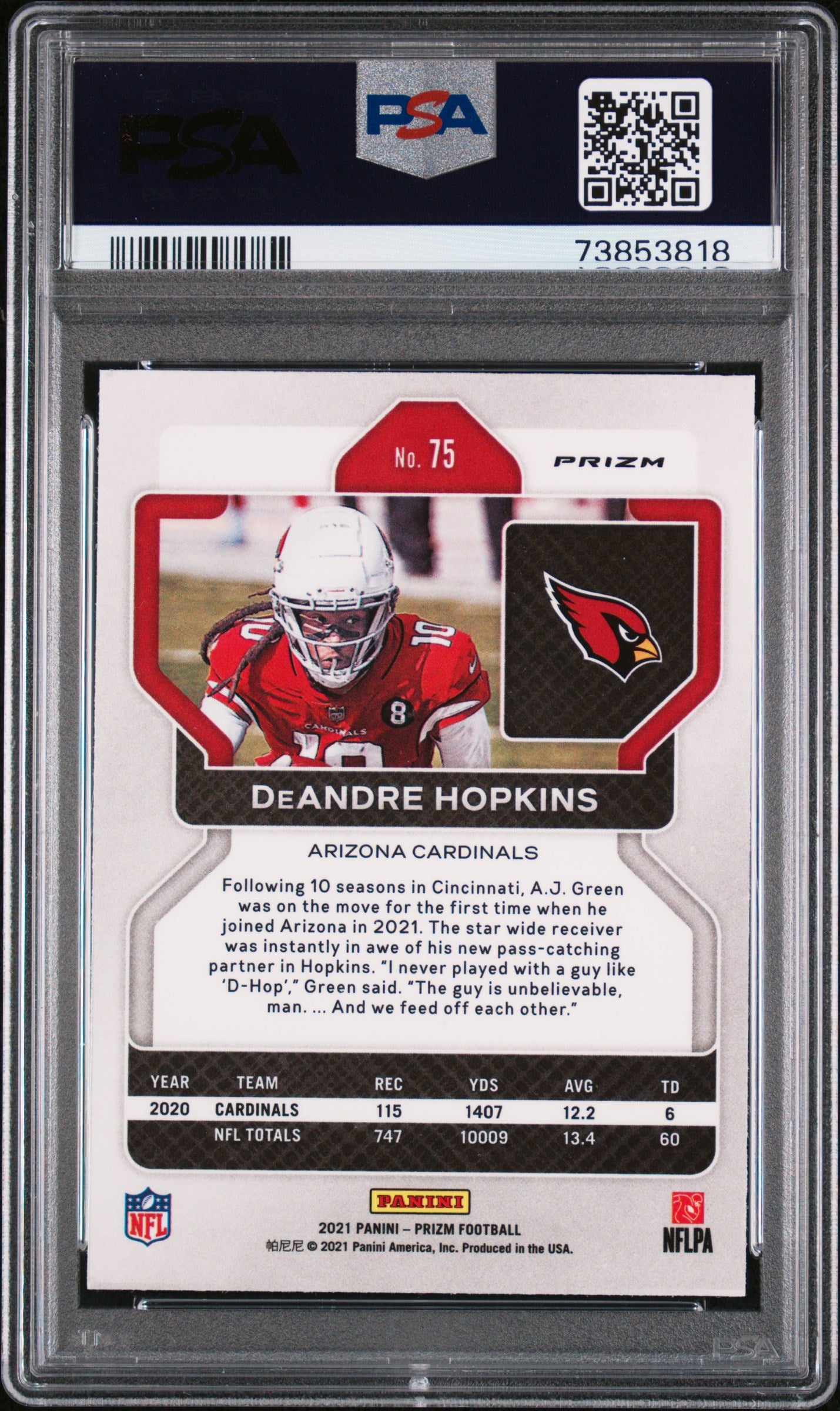 Deandre Hopkins 2021 Panini Prizm Red Black Checker #75 PSA 10-2