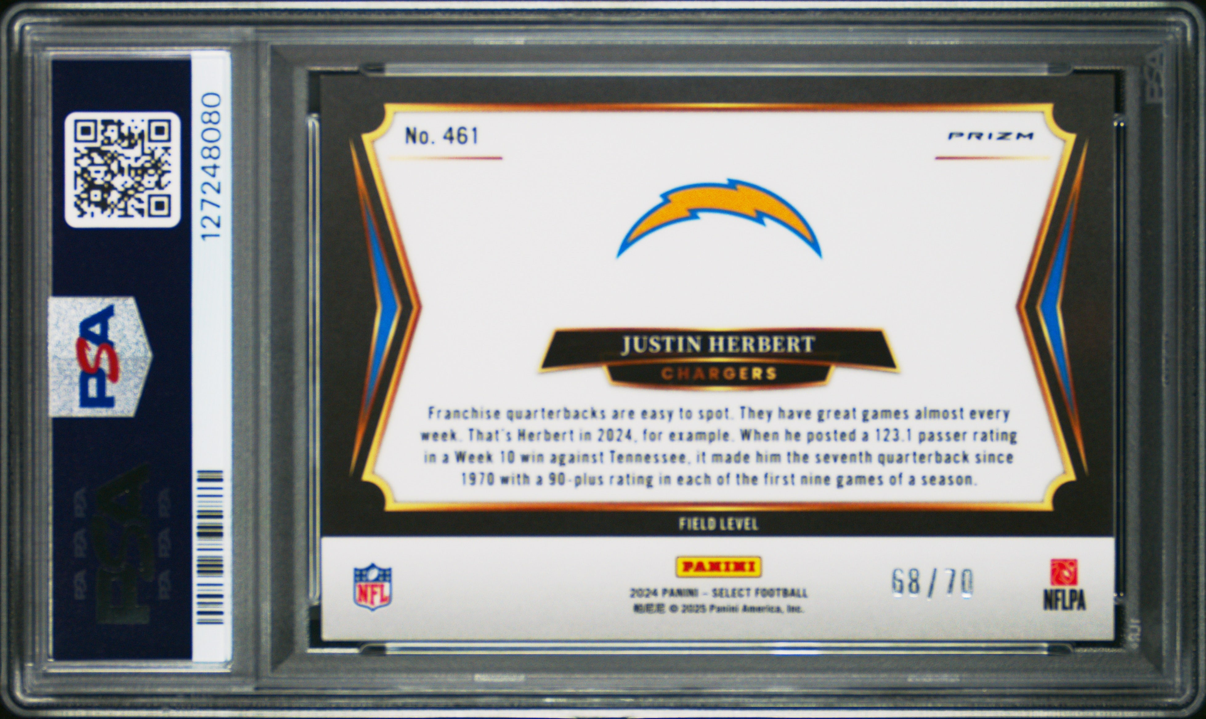 Justin Herbert 2024 Panini Select Field Level Dragon Scale Prizm SP 68/70 PSA 9-2
