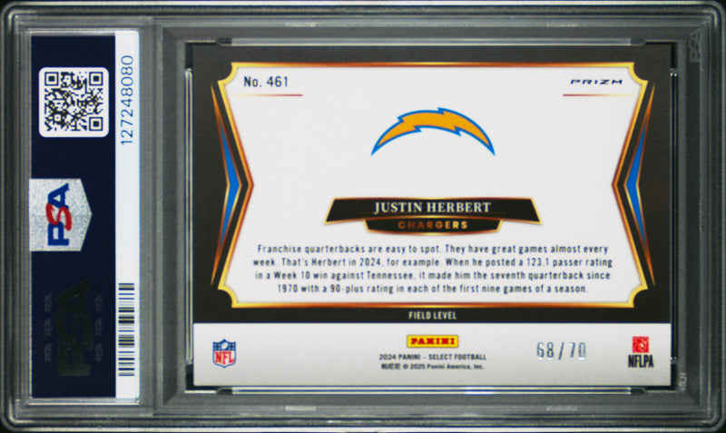 Justin Herbert 2024 Panini Select Field Level Dragon Scale Prizm SP 68/70 PSA 9-2