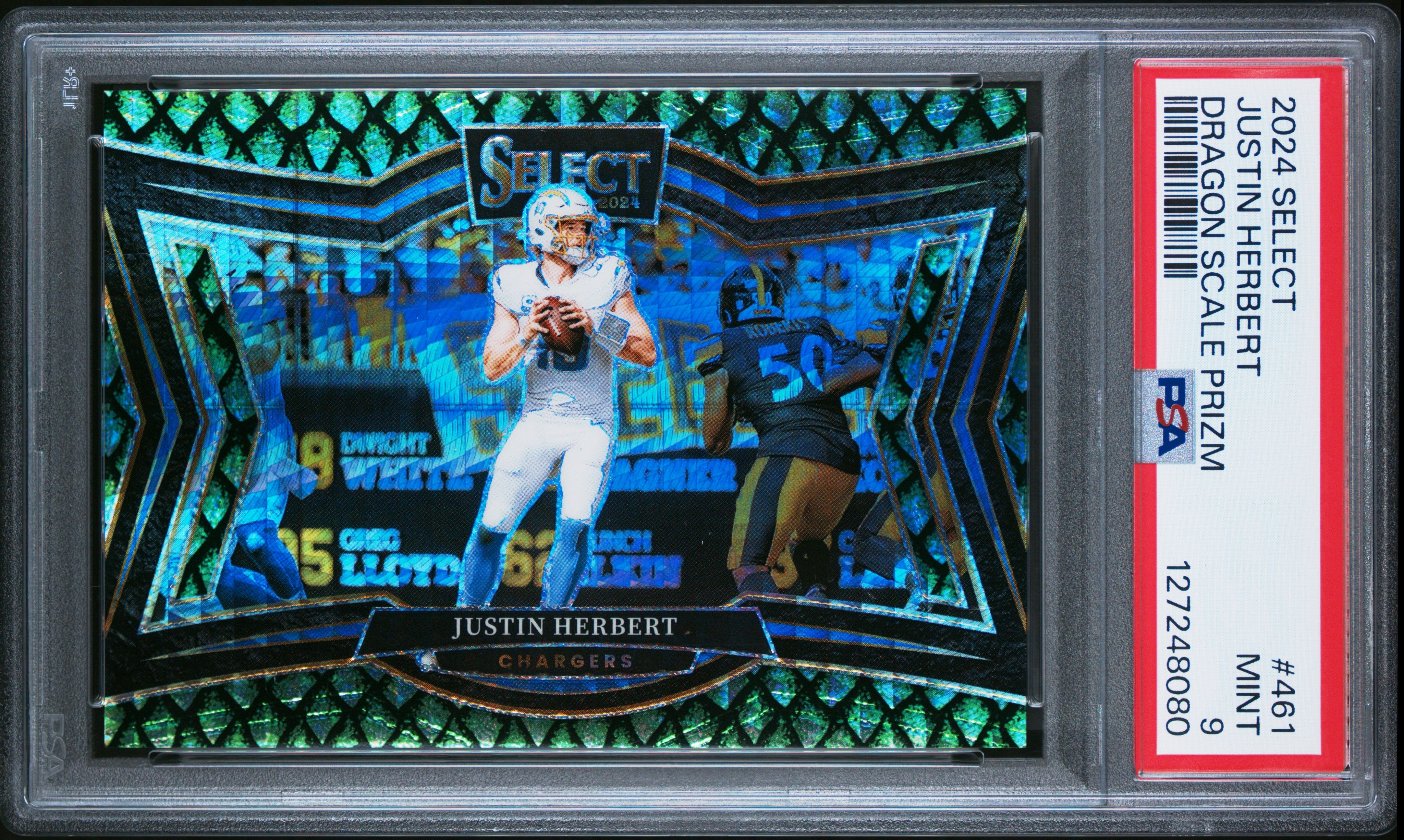 Justin Herbert 2024 Panini Select Field Level Dragon Scale Prizm SP 68/70 PSA 9
