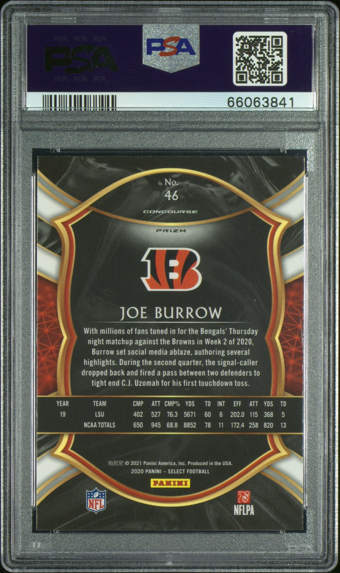 Joe Burrow RC 2020 Panini Select Concourse Silver Rookie #46 PSA 10-2