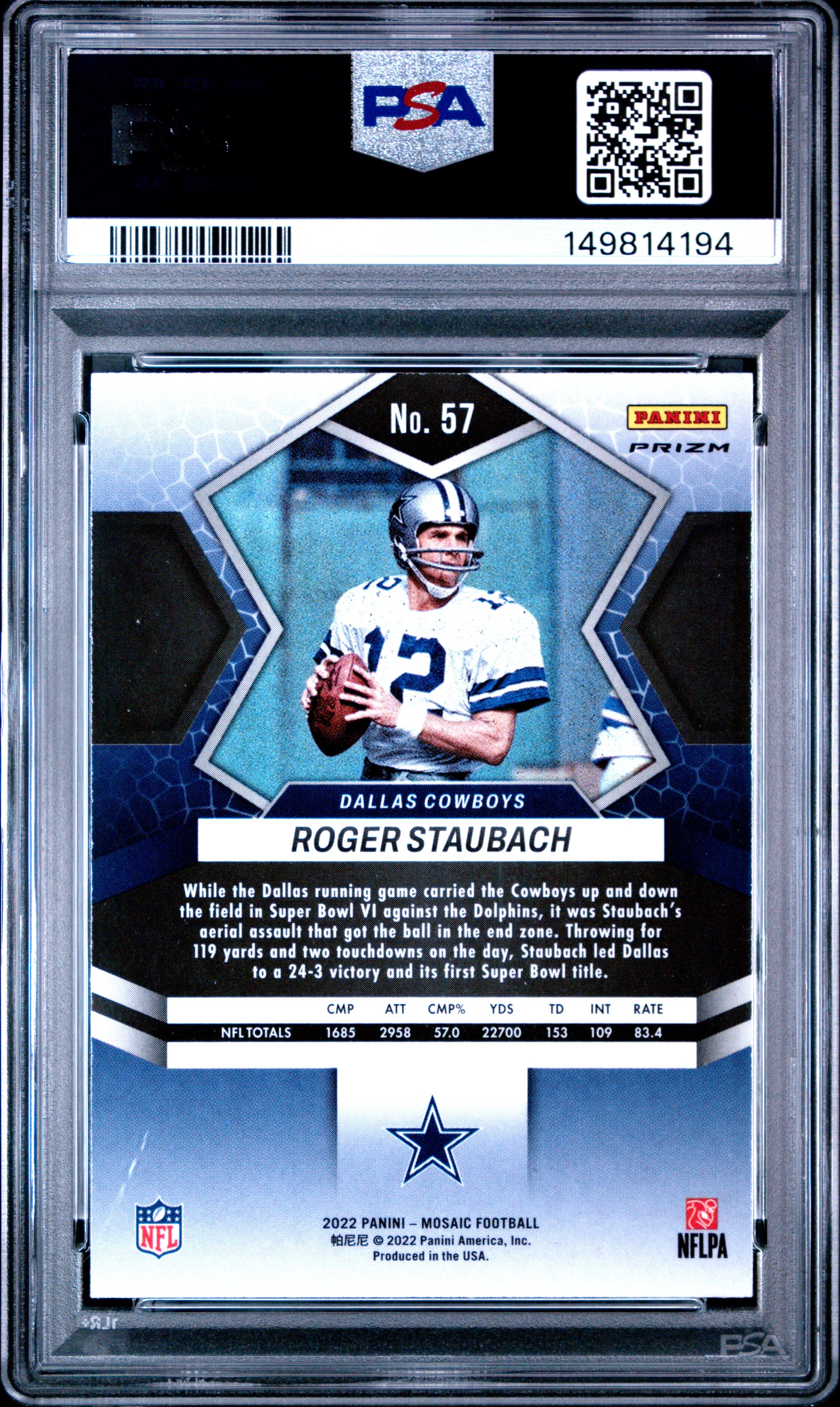 Roger Staubach 2022 Panini Mosaic Honeycomb Prizm SSP #57 PSA 10-2