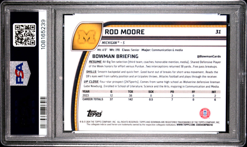 Rod Moore RC 2024 Bowman U Chrome Red Refractor Rookie SP 2/5 PSA 10-2