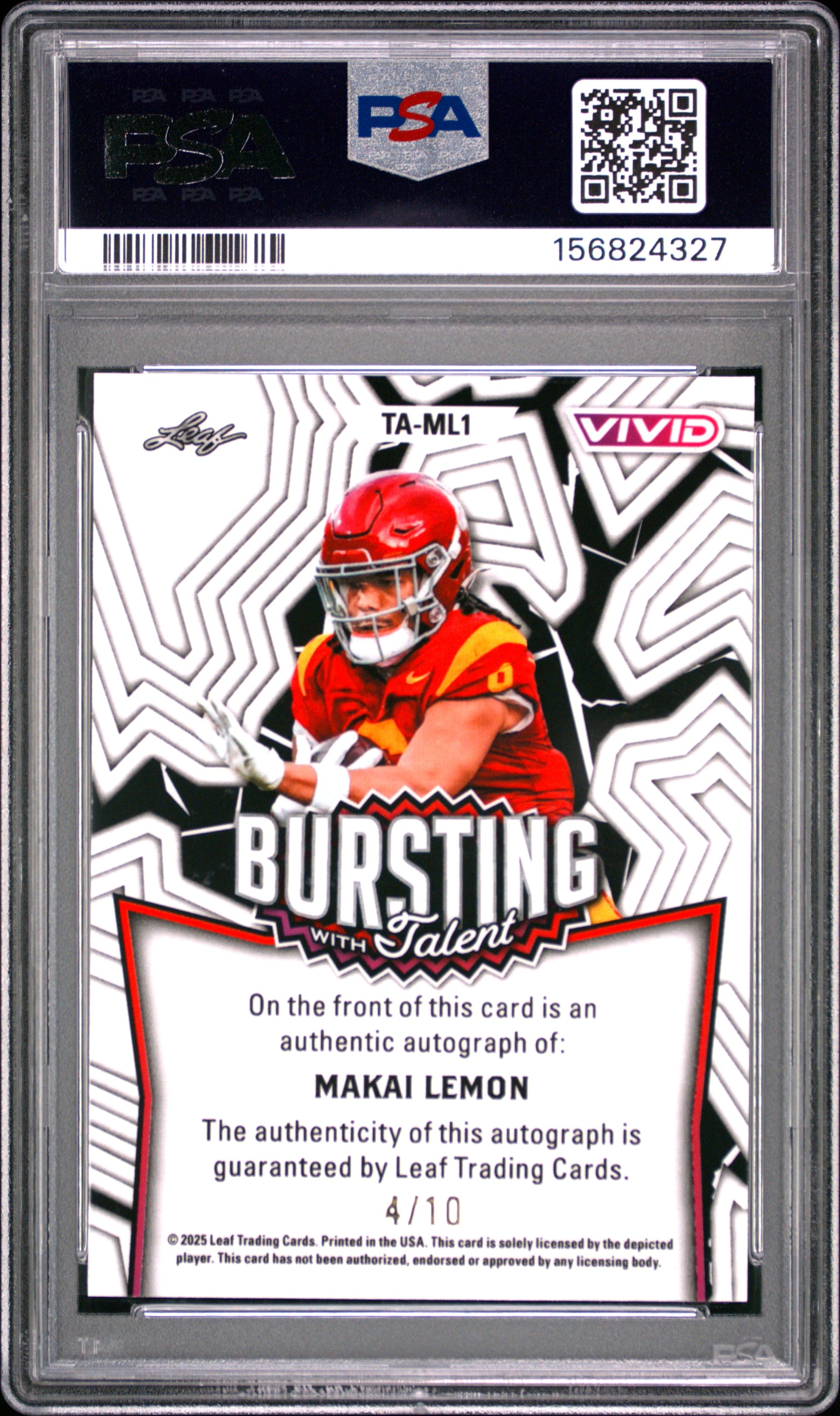 Makai Lemon RC 2025 Leaf Vivid Teal Shimmer Bursting With Talent Rookie Auto SP 4/10 PSA 10-2