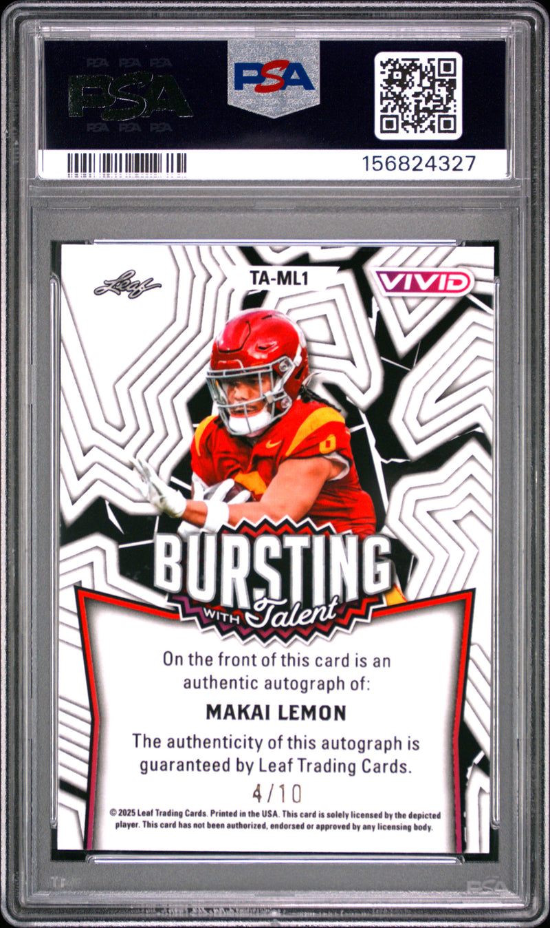 Makai Lemon RC 2025 Leaf Vivid Teal Shimmer Bursting With Talent Rookie Auto SP 4/10 PSA 10-2