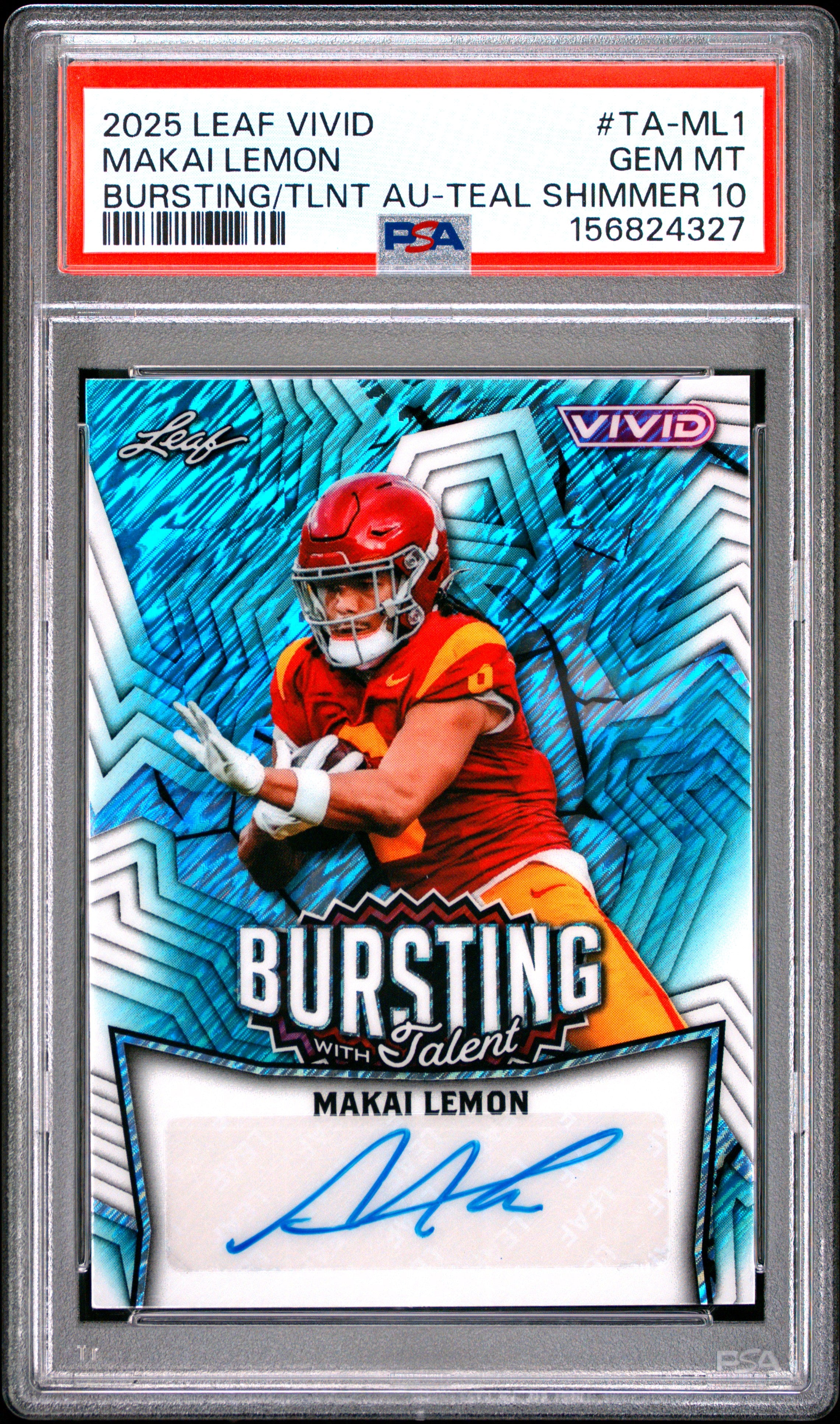 Makai Lemon RC 2025 Leaf Vivid Teal Shimmer Bursting With Talent Rookie Auto SP 4/10 PSA 10