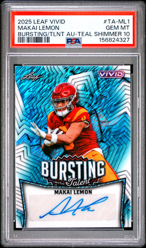 Makai Lemon RC 2025 Leaf Vivid Teal Shimmer Bursting With Talent Rookie Auto SP 4/10 PSA 10