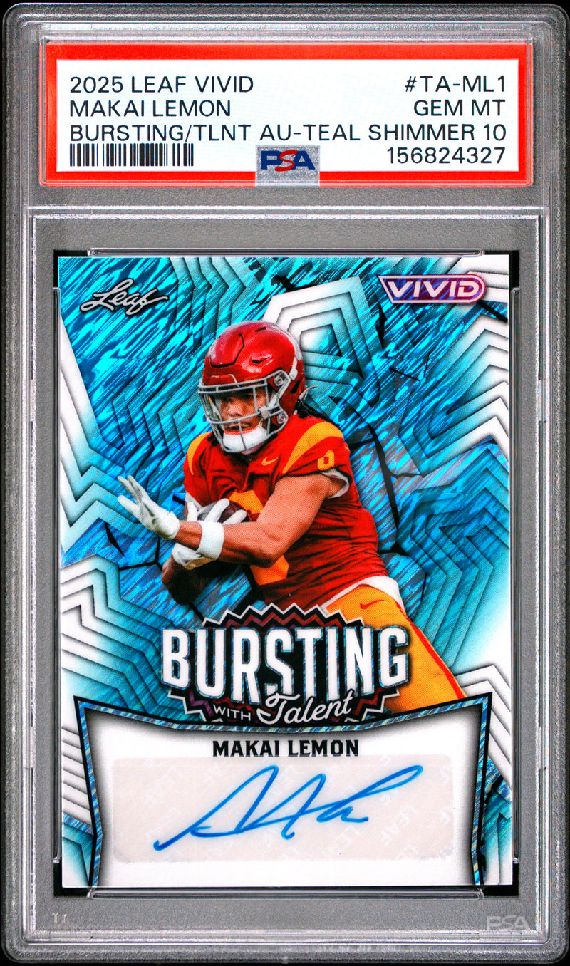 Makai Lemon RC 2025 Leaf Vivid Teal Shimmer Bursting With Talent Rookie Auto SP 4/10 PSA 10-1