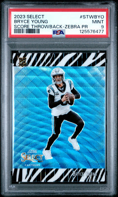 Bryce Young RC 2023 Panini Select Zebra Score Throwback Rookie SSP PSA 9-1
