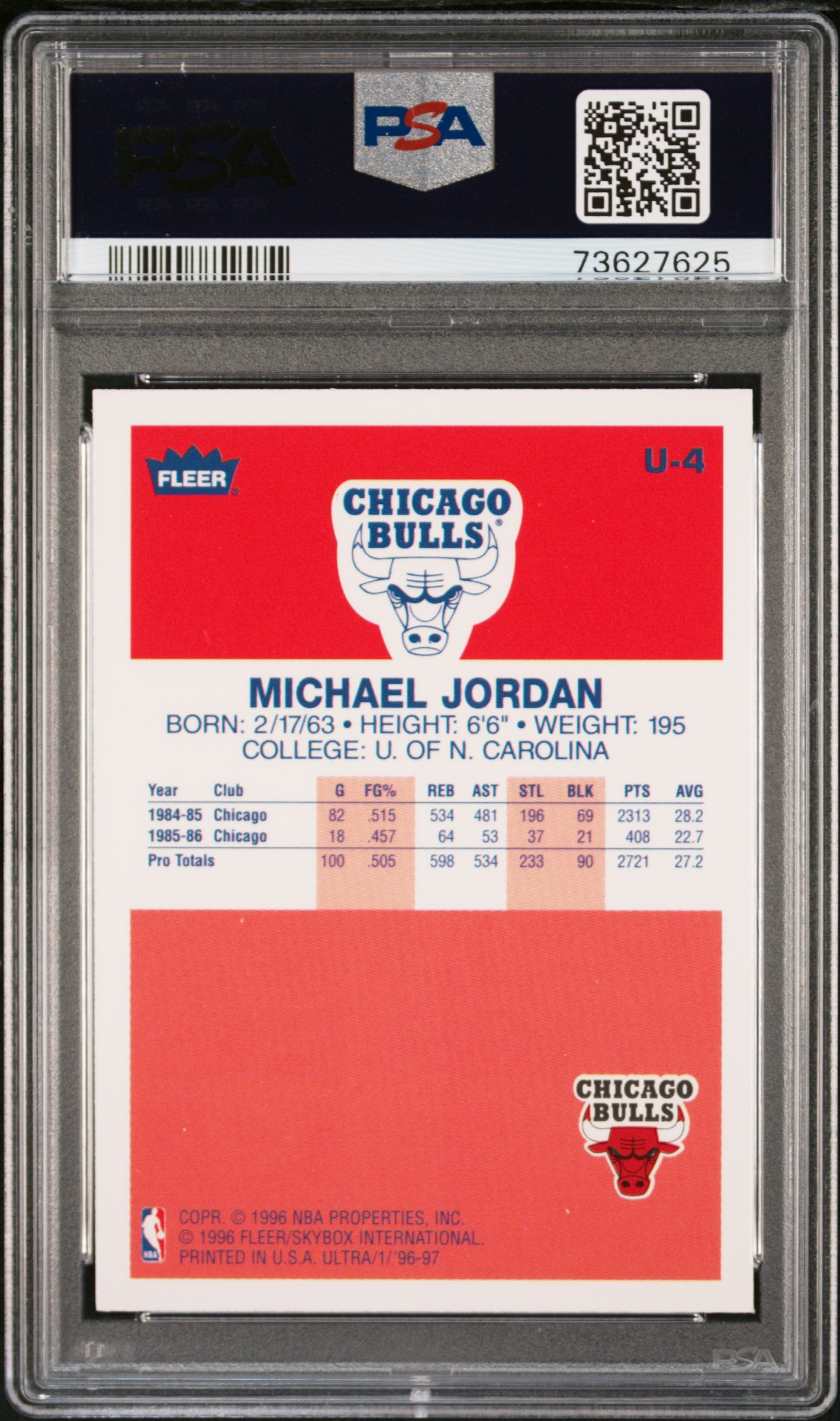 Michael Jordan 1996-97 Fleer Ultra Decade Of Excellence Rookie Throwback PSA 9-2
