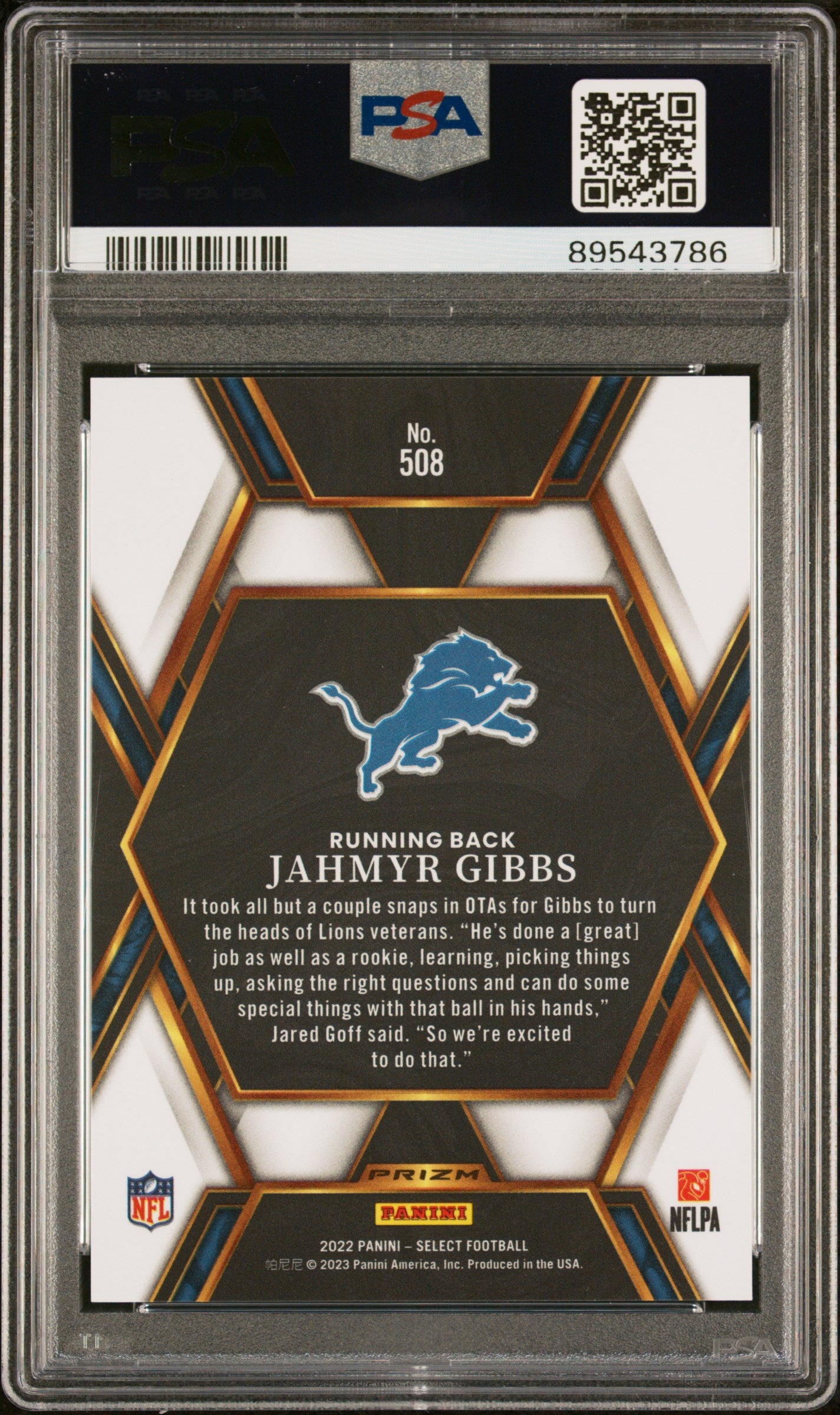 Jahmyr Gibbs RC 2022 Panini Select XRC '23 Rookie #508 PSA 10-2