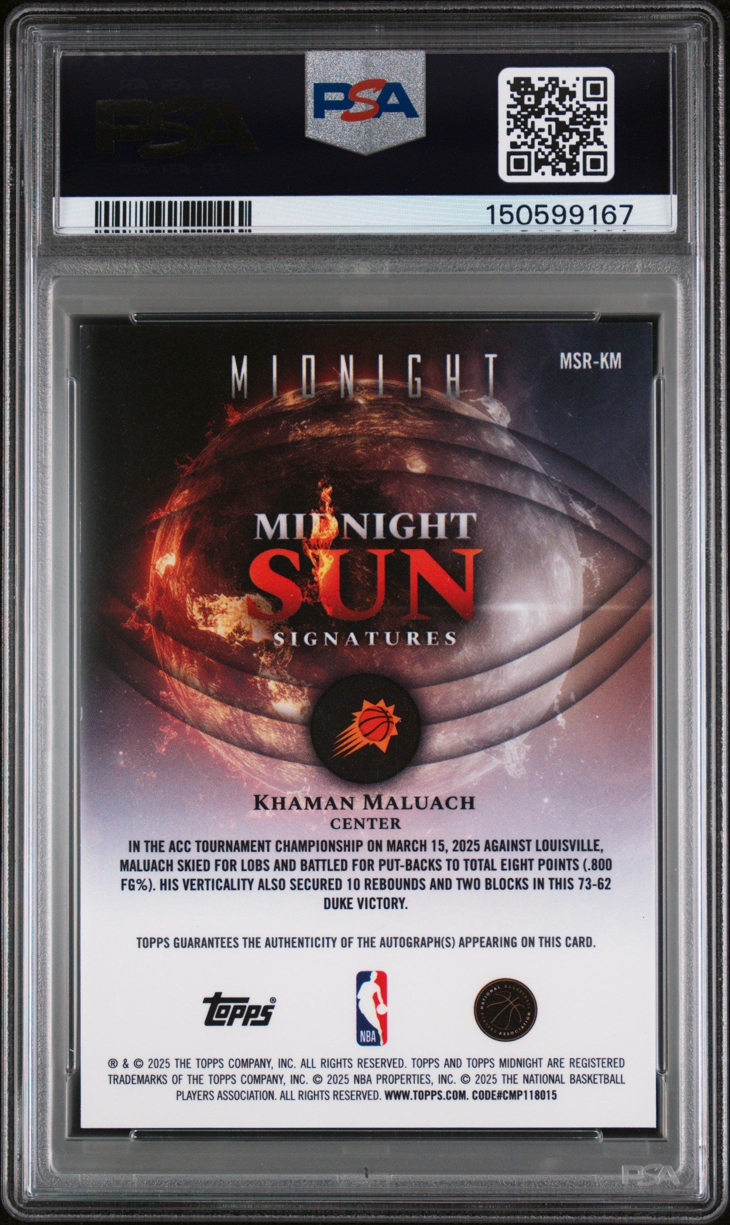 Khaman Maluach RC 2025-26 Topps Midnight Daybreak Midnight Sun Rookie Auto SP 1/5 PSA 8-2