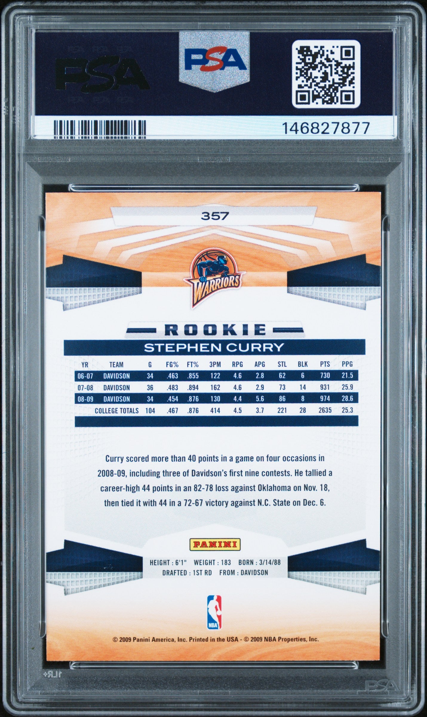 Stephen Curry RC 2009-10 Panini Rookie #357 PSA 7-2
