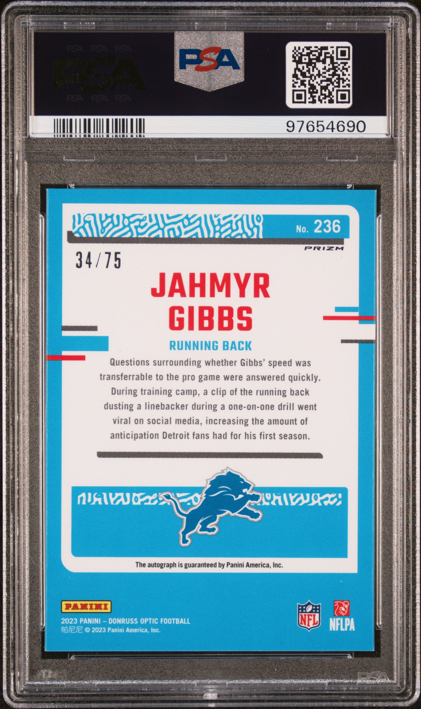 Jahmyr Gibbs RC 2023 Donruss Optic Holo Rated Rookie Auto SP 34/75 PSA 9-2