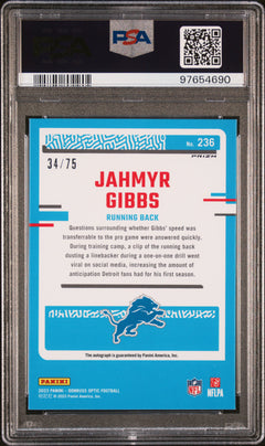 Jahmyr Gibbs RC 2023 Donruss Optic Holo Rated Rookie Auto SP 34/75 PSA 9-2