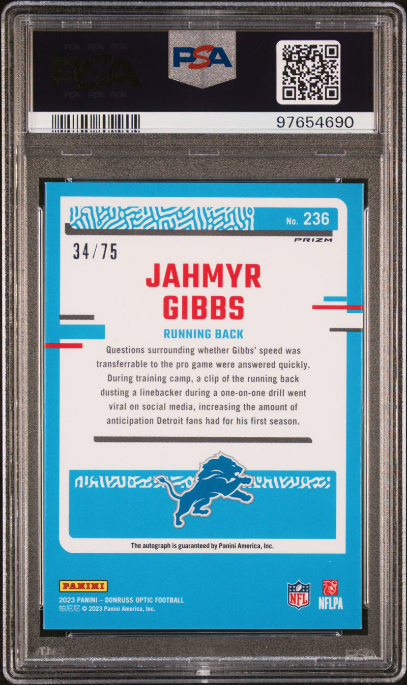 Jahmyr Gibbs RC 2023 Donruss Optic Holo Rated Rookie Auto SP 34/75 PSA 9-2