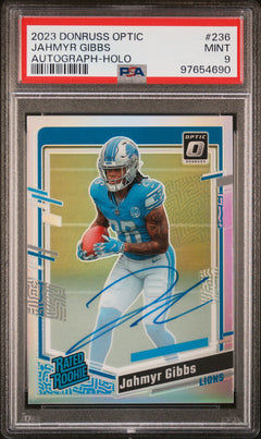 Jahmyr Gibbs RC 2023 Donruss Optic Holo Rated Rookie Auto SP 34/75 PSA 9-1
