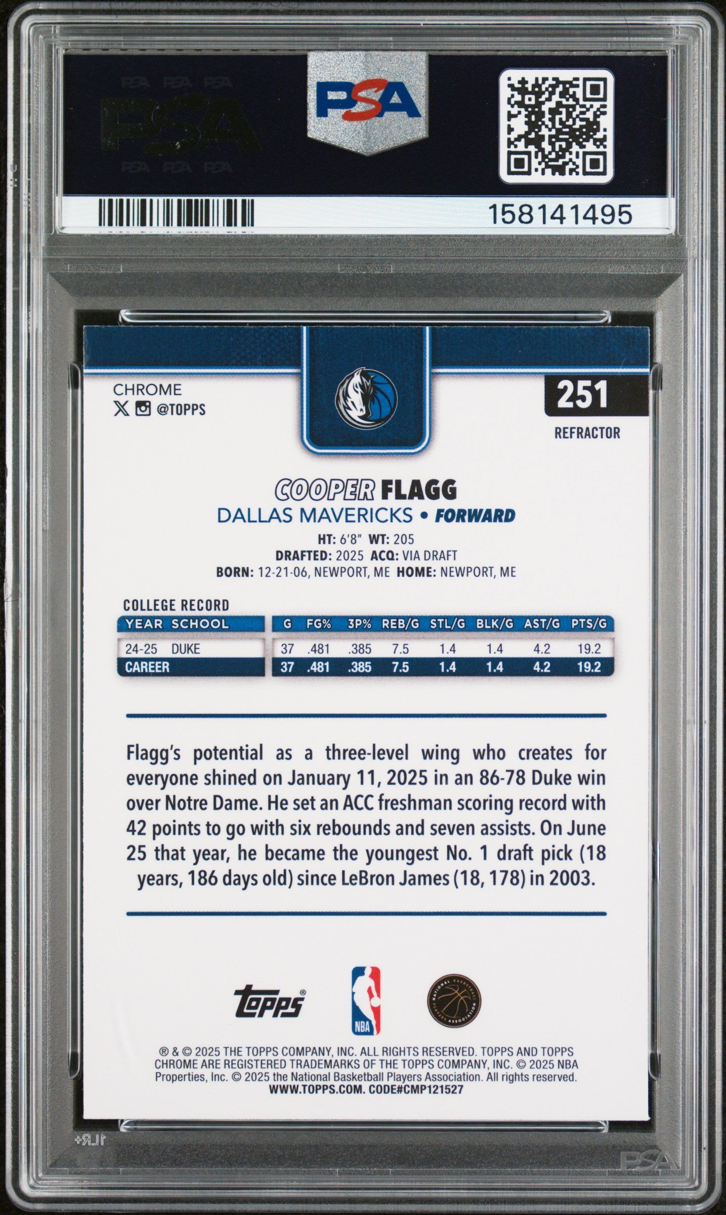Cooper Flagg RC 2025-26 Topps Chrome Refractor Rookie #251 PSA 9-2