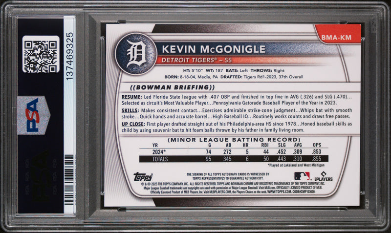 Kevin Mcgonigle RC 2025 Bowman Chrome Mega Box Purple Prospect Rookie Auto SP 9/199 PSA 9-2