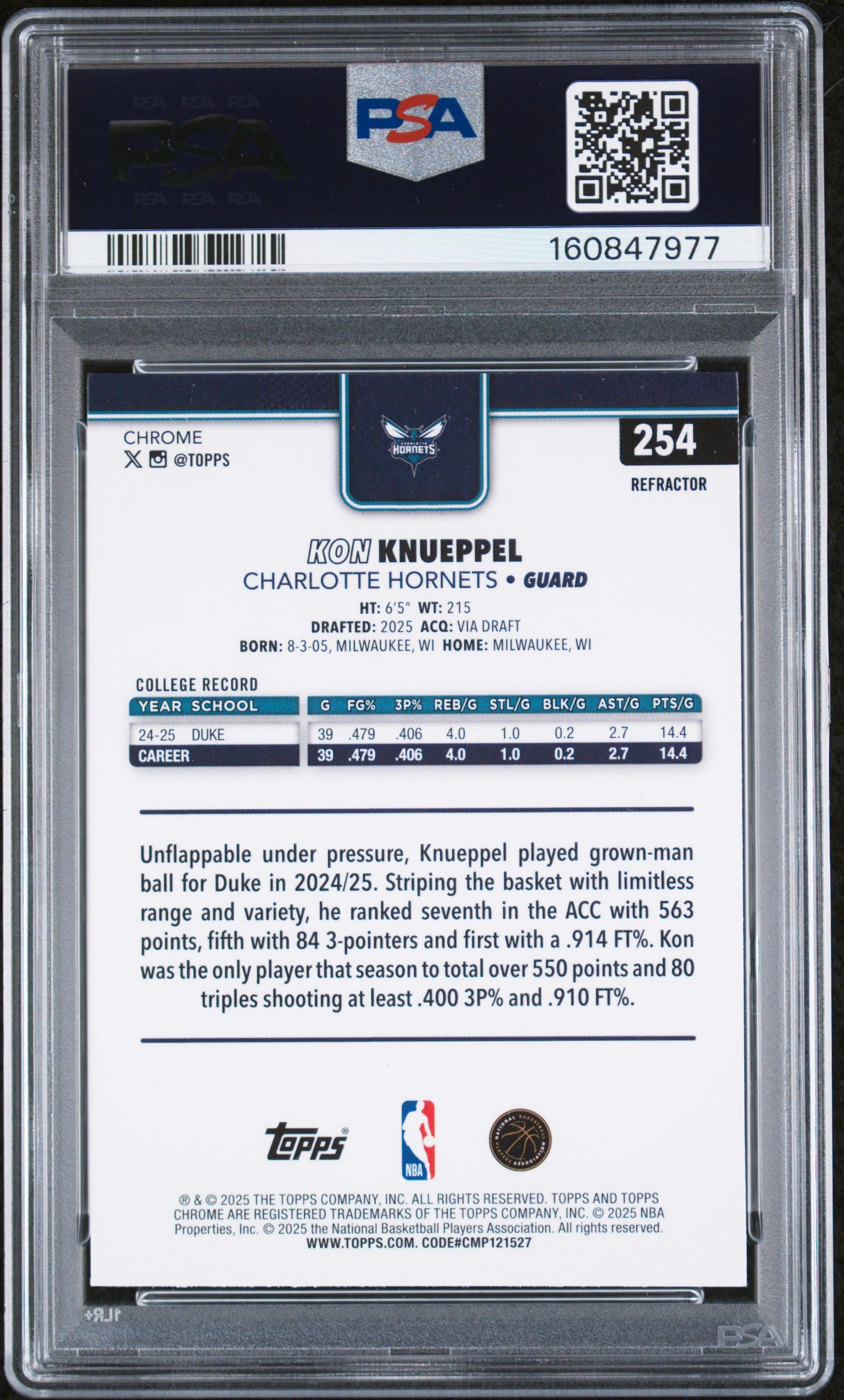 Kon Knueppel RC 2025-26 Topps Chrome Refractor Rookie #254 PSA 10-2