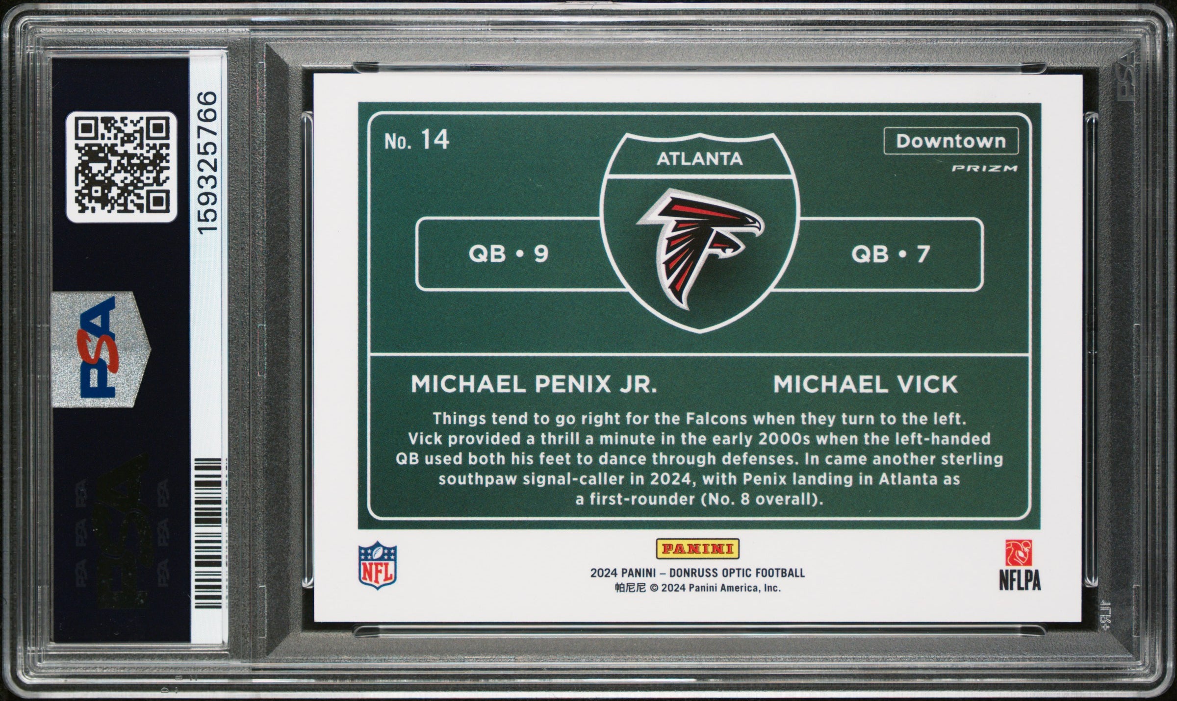 Michael Penix Jr Michael Vick 2024 Donruss Optic Dual Downtown! Rookie SSP #14 PSA 10-2