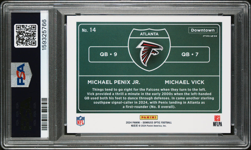 Michael Penix Jr Michael Vick 2024 Donruss Optic Dual Downtown! Rookie SSP #14 PSA 10-2